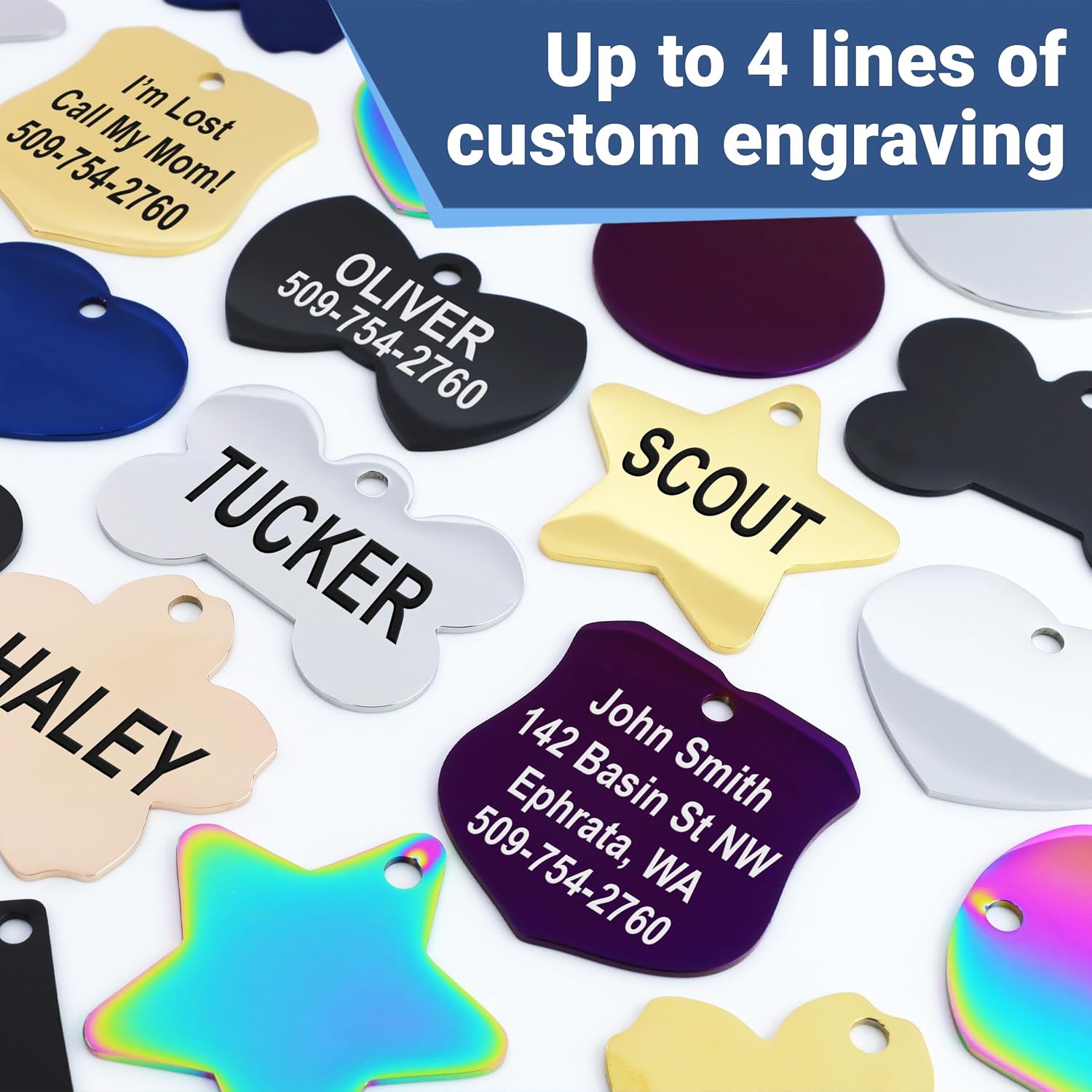 GoTags Stainless Steel Pet ID Tags, Personalized Dog Tags and Cat Tags, up to 8 Lines of Custom Text, Engraved on Both Sides, in Bone, Round, Heart, Bowtie and More (Dog Bone, Regular (Pack of 1)) - Image 6