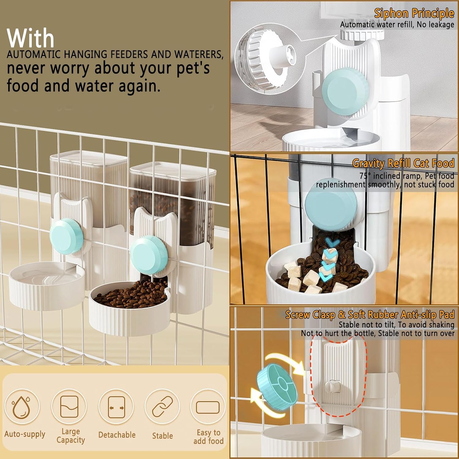 kathson Hanging Automatic Pet Food and Water Dispenser,Gravity Auto Rabbit Feeder for Cage,Guinea Pig Feeder and Waterer Set,Cat Food Bowl Dog Feeding Station for Bunny,Ferret,Chinchilla (Blue) - Image 3