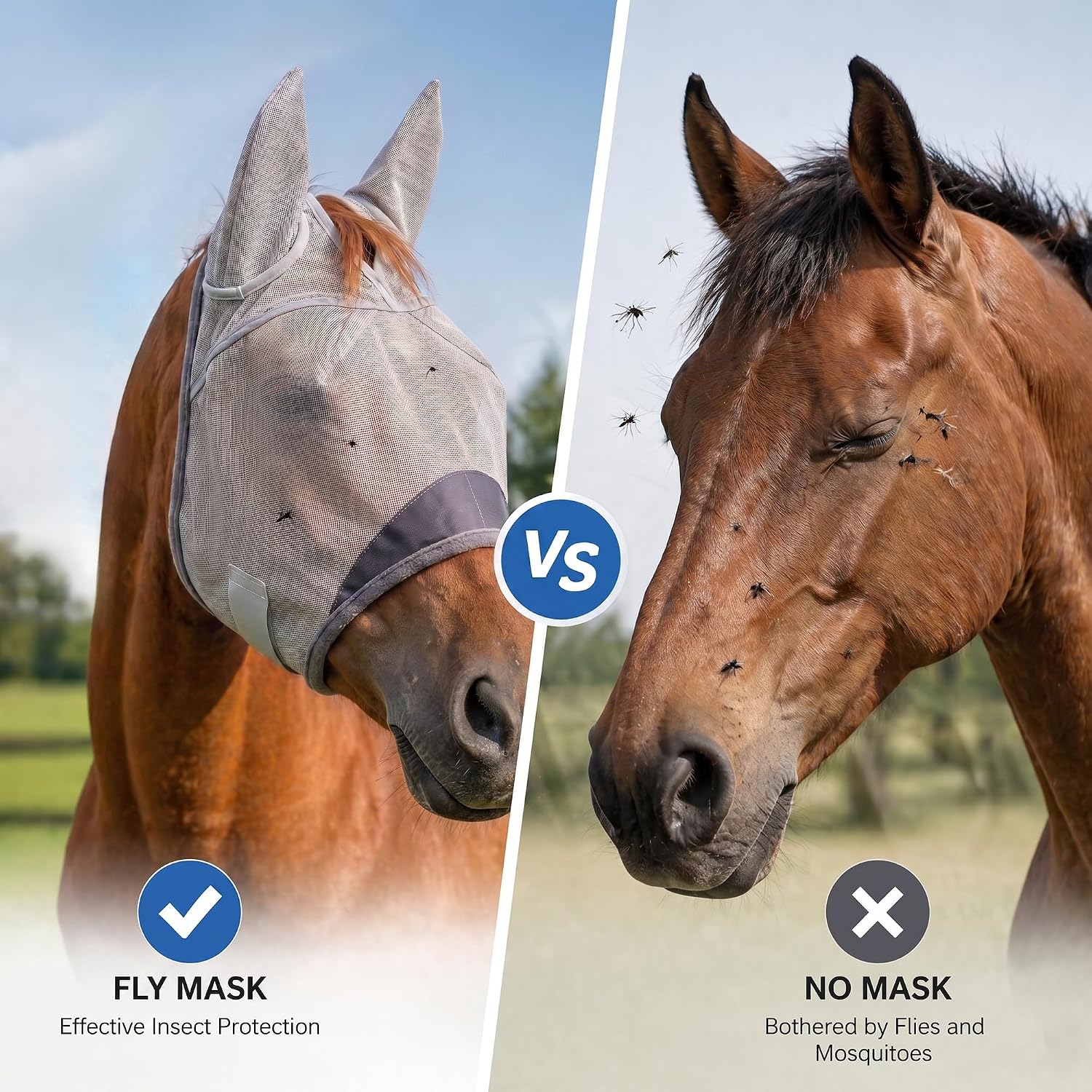 Horse Fly Mask with Ears - UV Protection Fine Mesh Super Comfort Fly Masks for Horses, Adjustable Breathability Horses Masks, Pony Equine Fly Mask for Miniature Foal Draft Cob Srabian Full (Gray, L) - Image 3