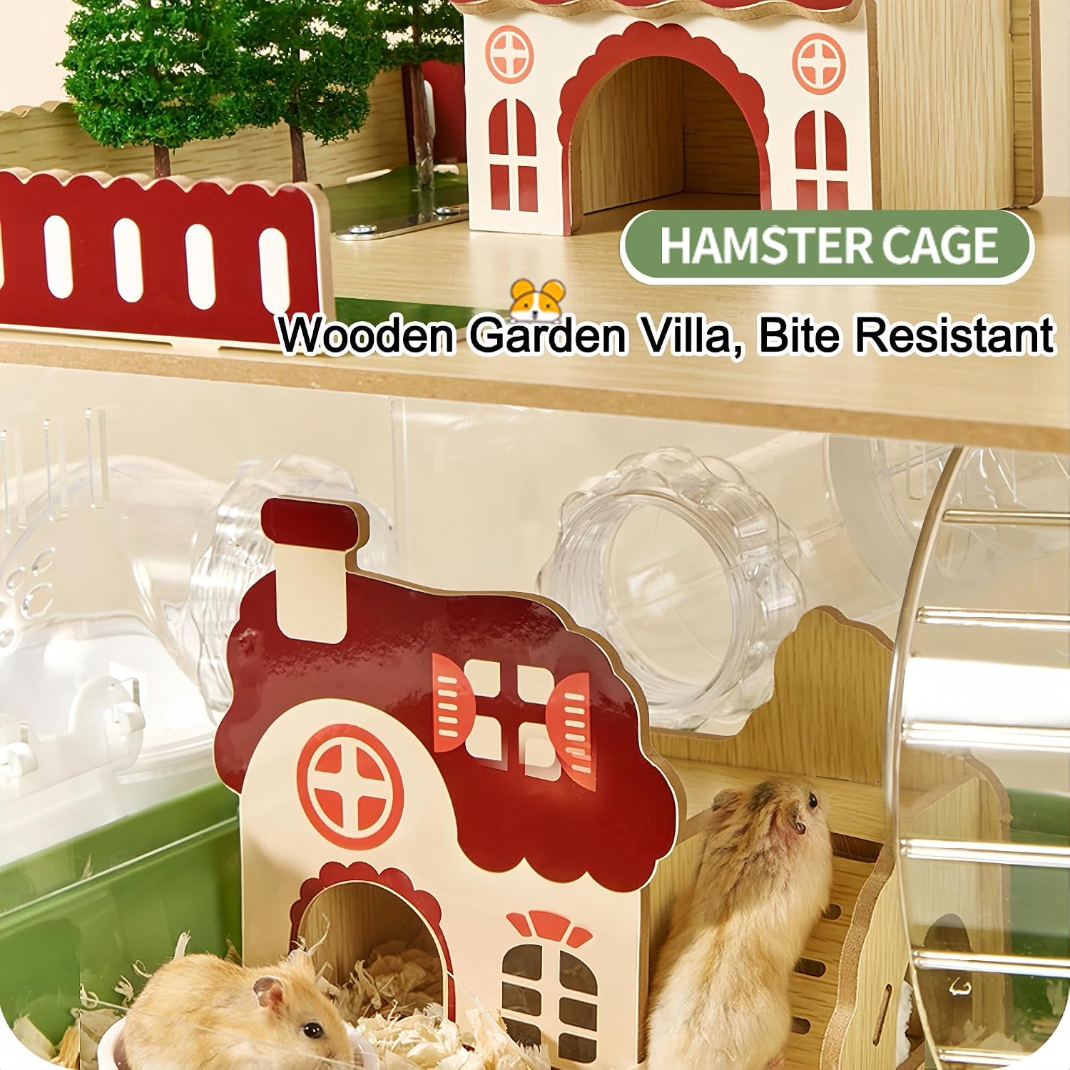 17 in 1 Clear Acrylic Hamster Cage with All Accessories,13.5''L* 10''W* 21''H Dwarf Hamster Cage,Magnetic Connection Small Hamster Enclosure,Garden Style Wooden Pet Mouse Cage for Pet Mice(3-Layer) - Image 4