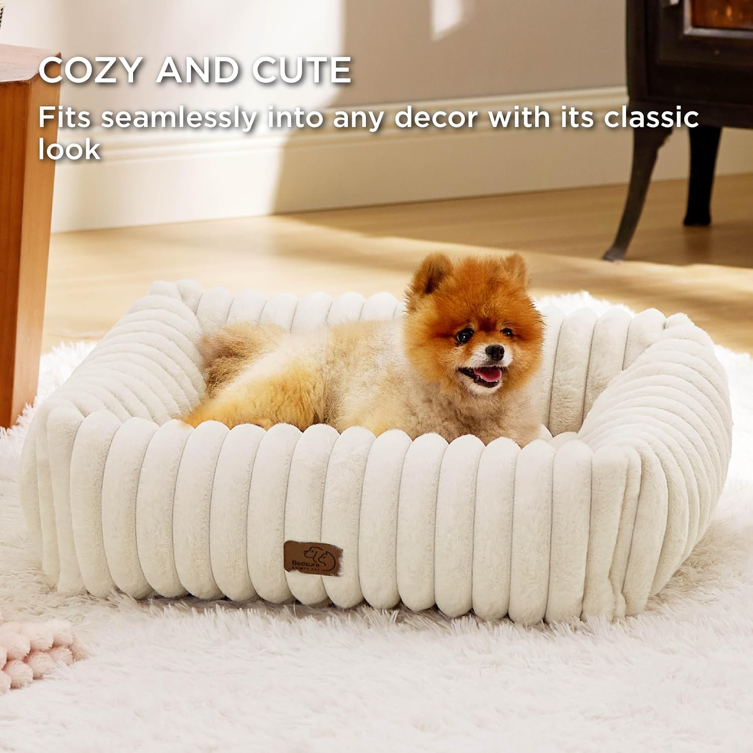 Bedsure ComfyFleece™ Cute Dog Bed for Small Medium Dogs Washable,25in Cream | Furry Puppy Beds,Square Rectangle Orthopedic Corduroy Aesthetic Pet Beds,Removable Zipper Cover,Non-Slip Bottom,Up to 15 Lbs - Image 4