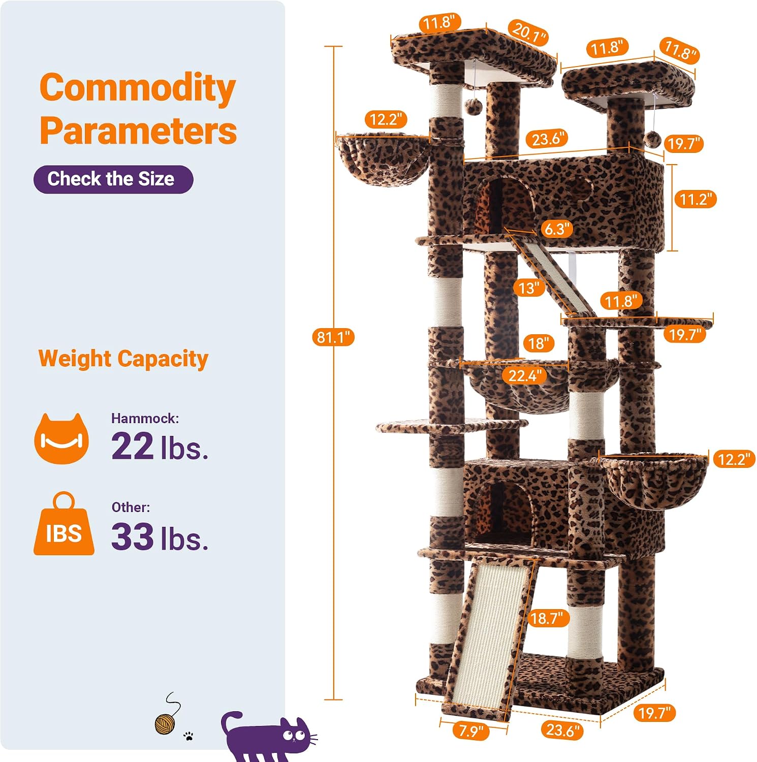 Allewie 81 Inches Tall Cat Tree/Multi-Level Large Climbing Tree House and Towers for Big Feline/Condo and Hammock/Scratching Post/Wide Base/Leopard Print - Image 3