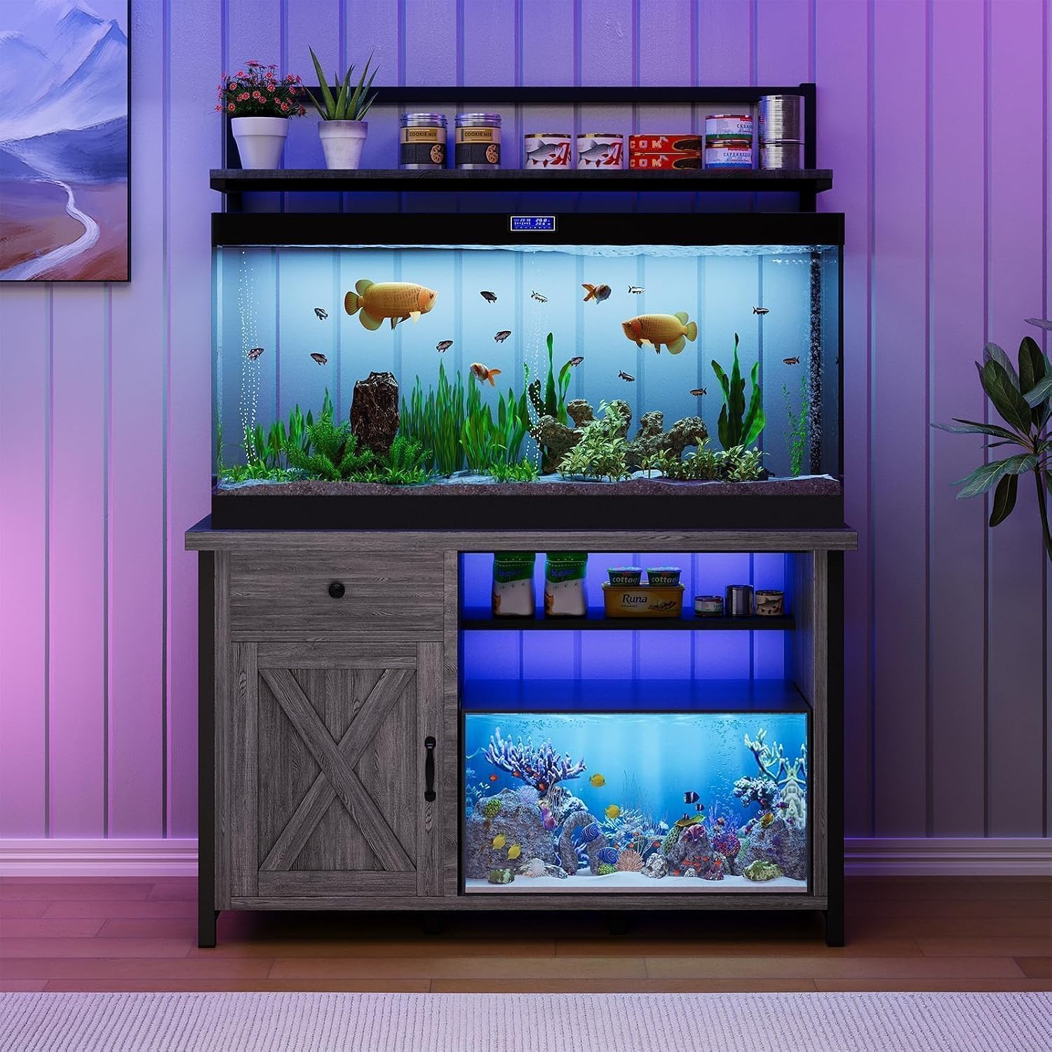 55-75 Gallon Fish Tank Stand with Power Outlet, Led Light, Aquarium Stand with Cabinet for Fish Tank Accessories Storage, Shelf, for Turtle Tank, Reptile Terrarium, 1100 LBS, Gray - Image 9