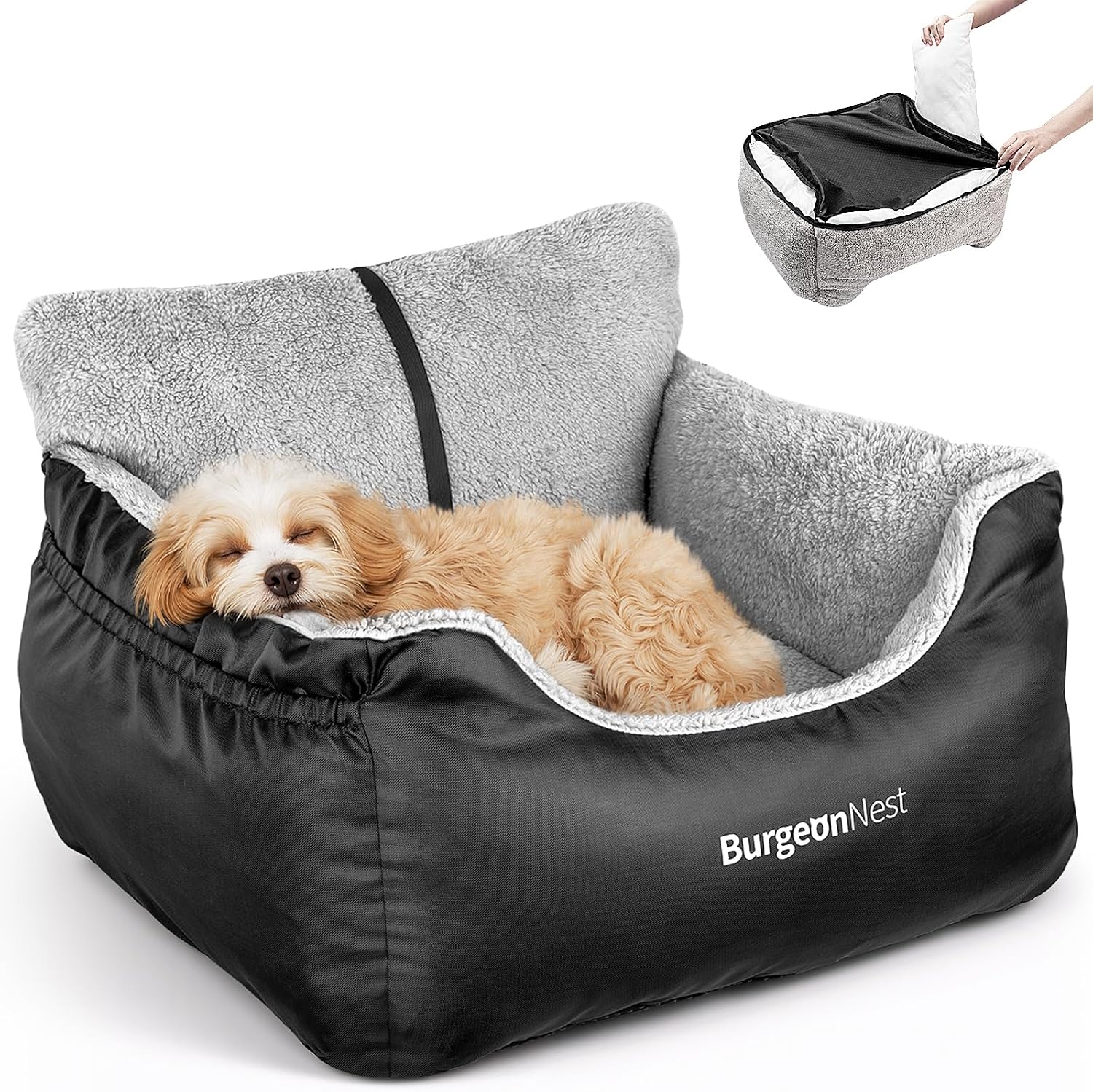 BurgeonNest Dog Car Seat for Small Dogs, Soft Pet Car Travel Home Bed Under 25 lbs, Fully Detachable and Washable Cat Booster Carseats with Storage Pockets and Clip-On Leash Portable Carrier,Black
