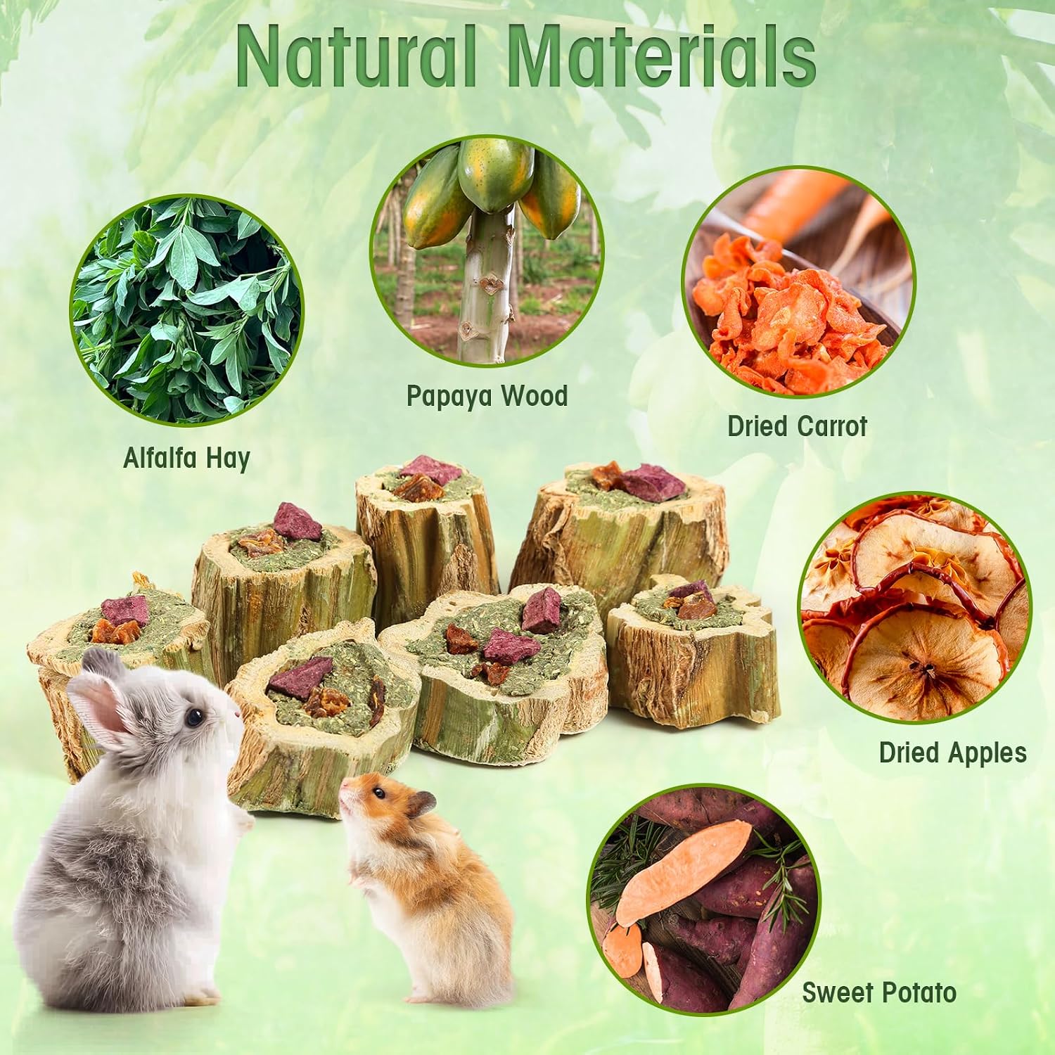 Abizoo Rabbit Chew Toys for Bunny Natural Papaya Wood Chew Treats with Organic Alfalfa Hay, Dried Carrot, Apple and Sweet Potato for Rabbits Guinea Pigs Hamsters Chinchillas Gerbils(3.5oz/100g) - Image 3