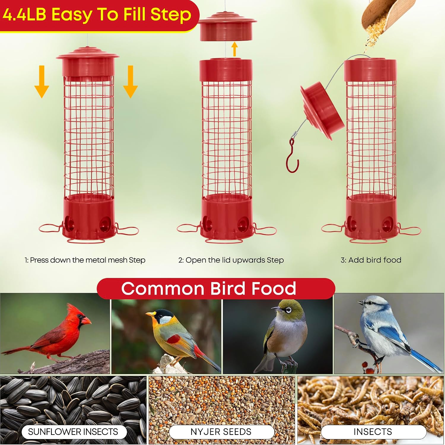 Squirrel Proof Bird Feeders, Metal Wild Bird Feeder for Outdoors Hanging, Weight Activated Squirrel Buster for Chickadees, Goldfinches, Cardinals, Chew-Proof, 4.4LB Large Capacity, Red - Image 3