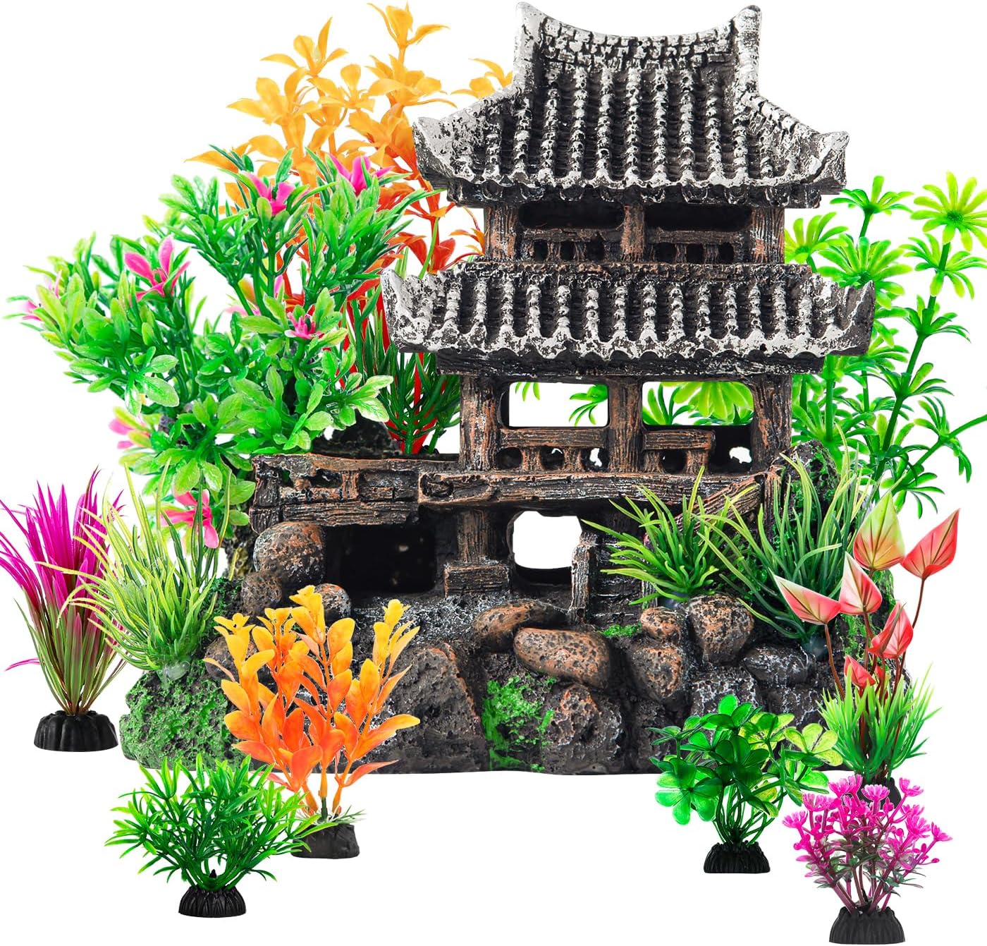 CousDUoBe 9Pcs Resin Castle Decorations Set,Realistic Fish Tank Castle with Eco-Friendly Design,Fish Tank Decorations Aquarium Accessories