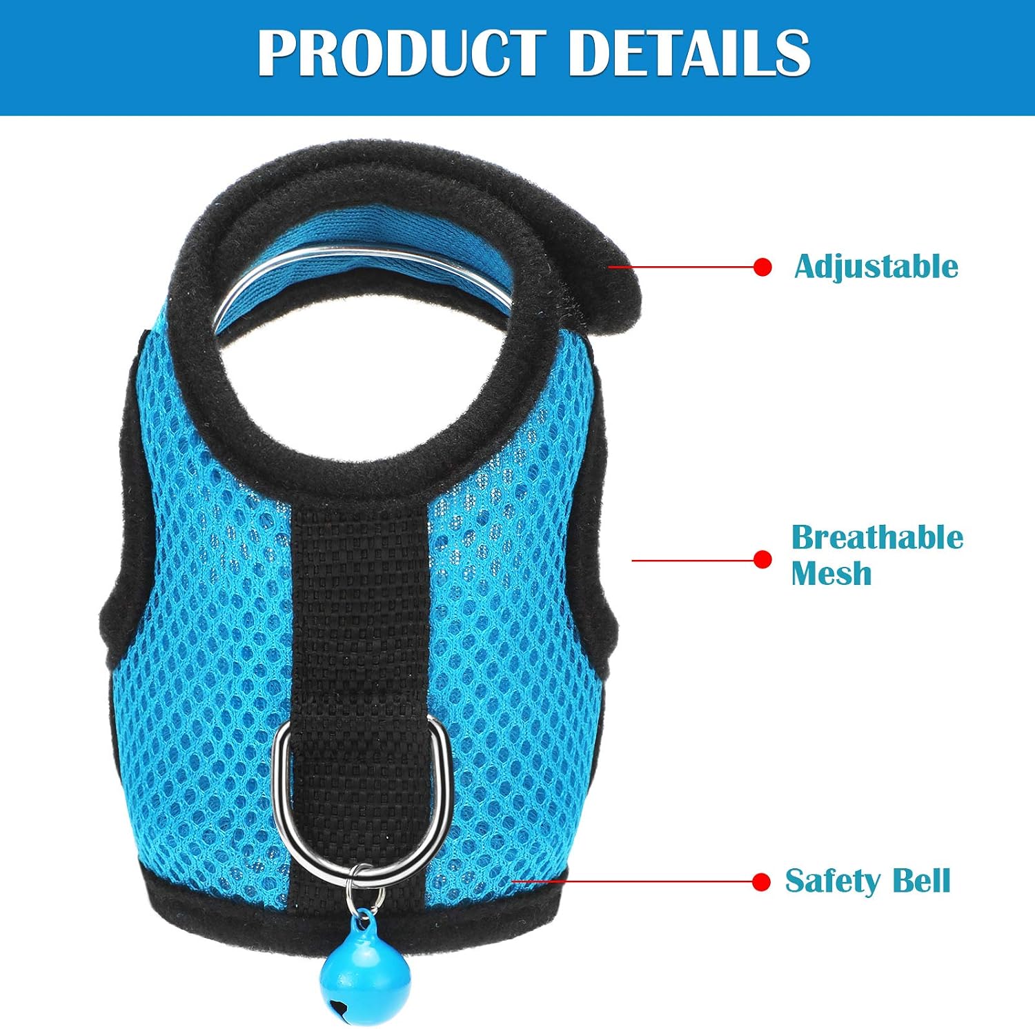 SATINIOR 2 Sets Guinea Pig Harness and Leash Adjustable Soft Mesh Harness Bell No Pulling Comfort Vest for Baby Ferret Rats Hamster Bunny Rabbit Chinchilla and Small Pet(Blue, Black,S) - Image 6