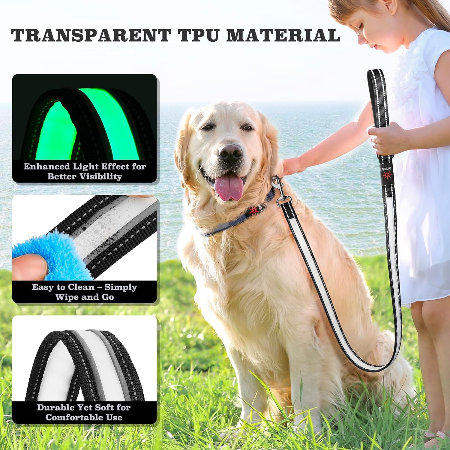 4 Ft LED Dog Leash, Light Up & Lighted Dog Leash, 7 Lighting Modes, Glow in The Dark, Reflective, Double-Sided Light, Rechargeable with Padded Handle for Night Walking Safety, Small to Large Pets - Image 3