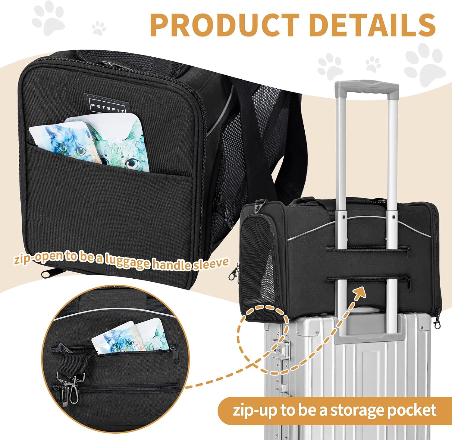 Petsfit Airline Approved Pet Carrier for Small Cats, 16.5x8.6x11 TSA Approved Carrier, with Removable Dual-Sided Padding (2-Way Placement) - Fits Under Most Airplane Seats, Escape Proof (Black) - Image 7