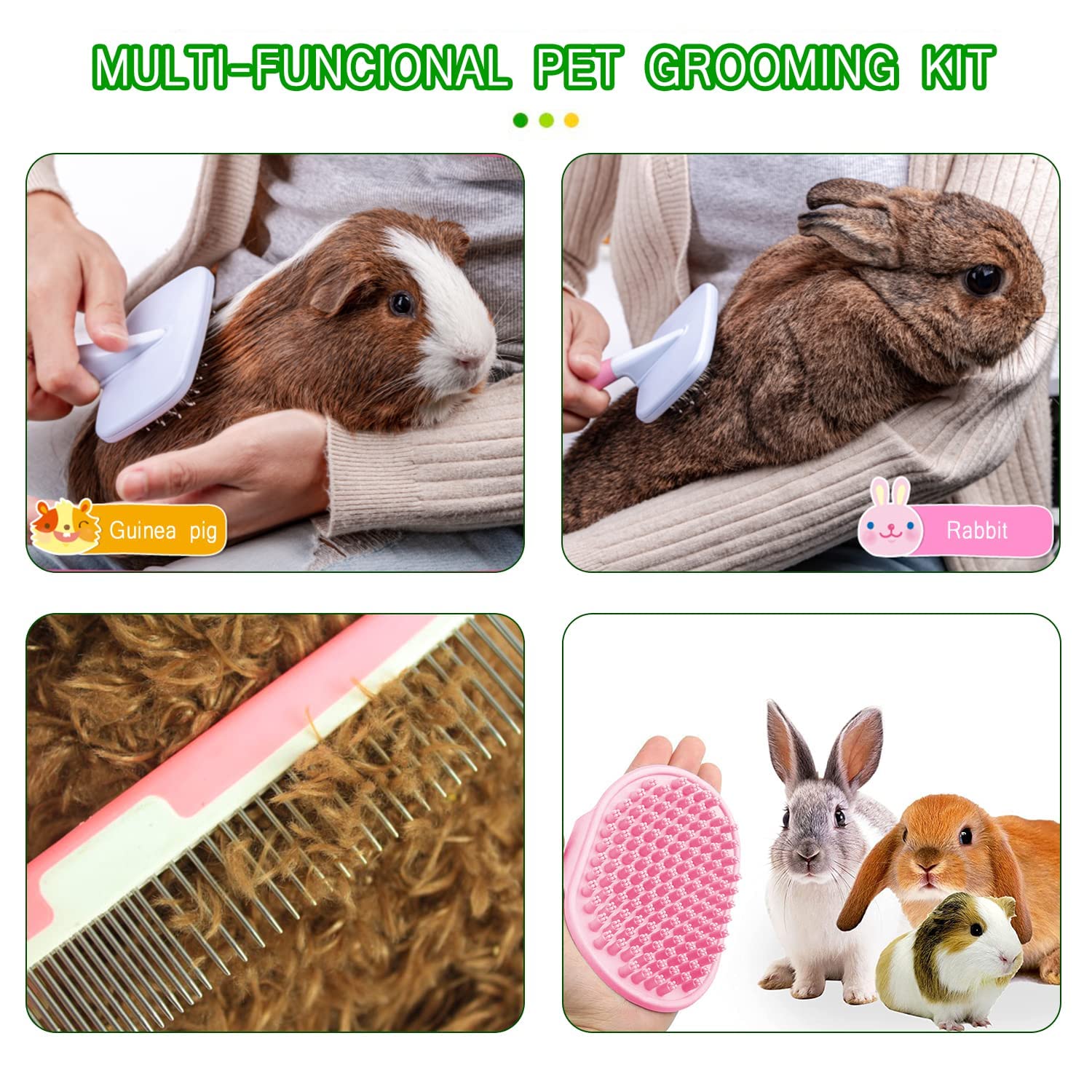 Small Animal Pet Grooming Kit with Pet Shedding Slicker Brush, Bath Massage Glove, Pet Grooming Comb, Nail Clipper Trimmer for Rabbit, Puppy, Kitten, Guinea Pig, Hamster, Ferret (Pink) - Image 3