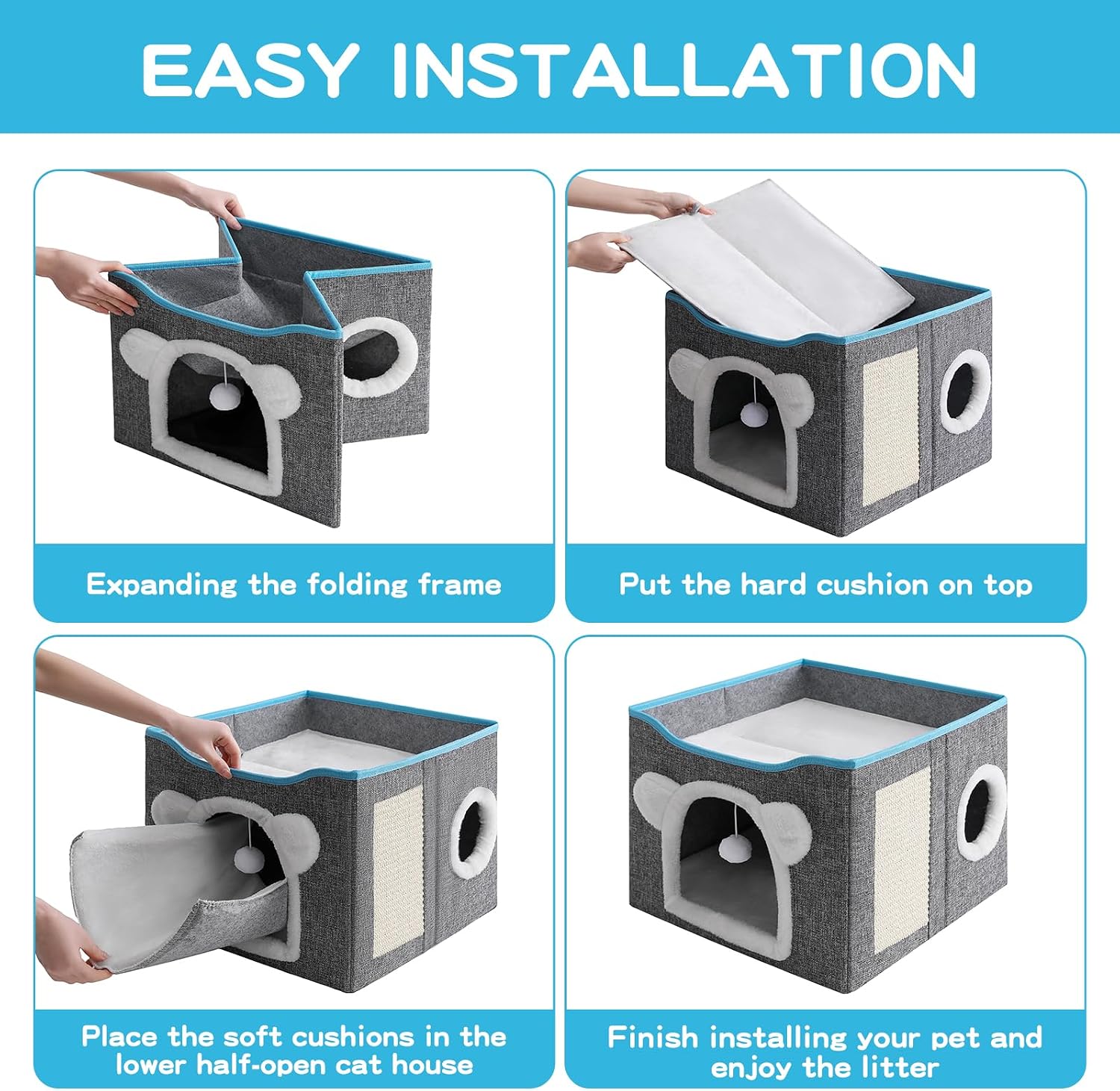 Cat House for Indoor Cats, Large Cat Bed Cave with Scratch Pad and Fluffy Ball, Foldable Cat Hideaway Condo, Kitten Bed, 16x16x13inch (Grey, Large) - Image 5