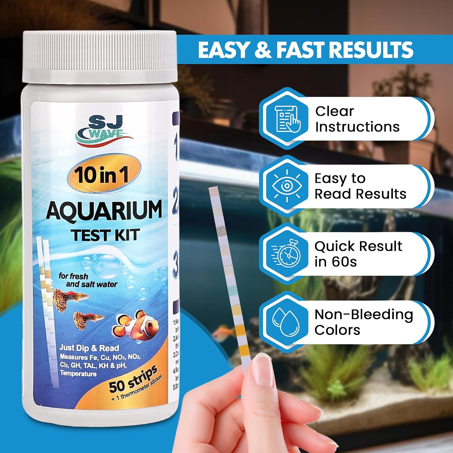 10 in 1 - Aquarium Test Strips | 100 Fast & Accurate Strips | Fish Tank Aquariums Water Test Kit & ebook | Aquarium Thermometer | Fish Tank Water Testing Kit for Fresh & Saltwater | Versatile Usage - Image 2