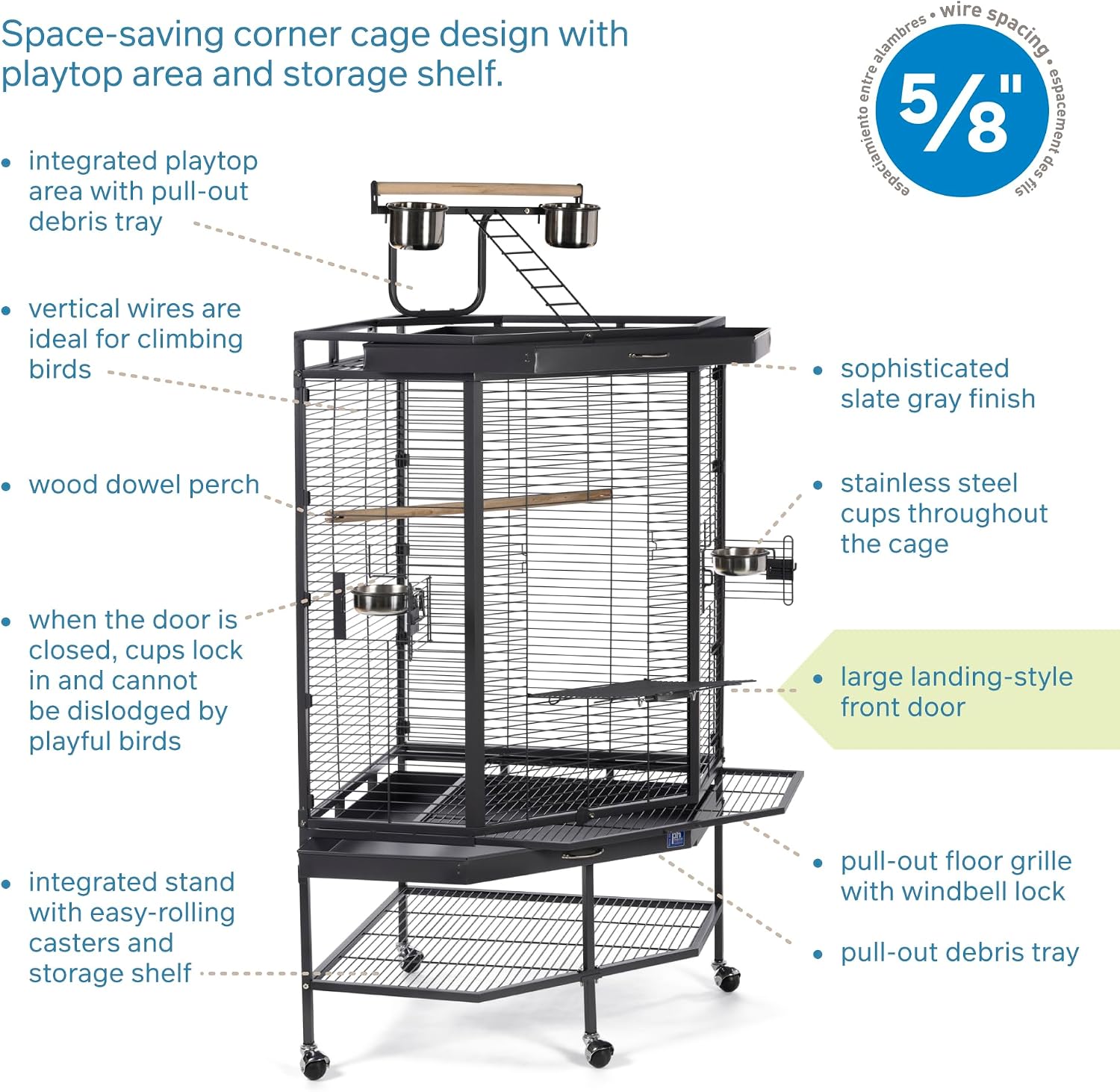 Prevue Pet Products Corner Bird Cage with Playtop - Large Cage with Rolling Stand, Comes with Wooden Perches & Double Food & Water Cups, Secure Side Door Locks, Elevated for Enrichment - Black - Image 3