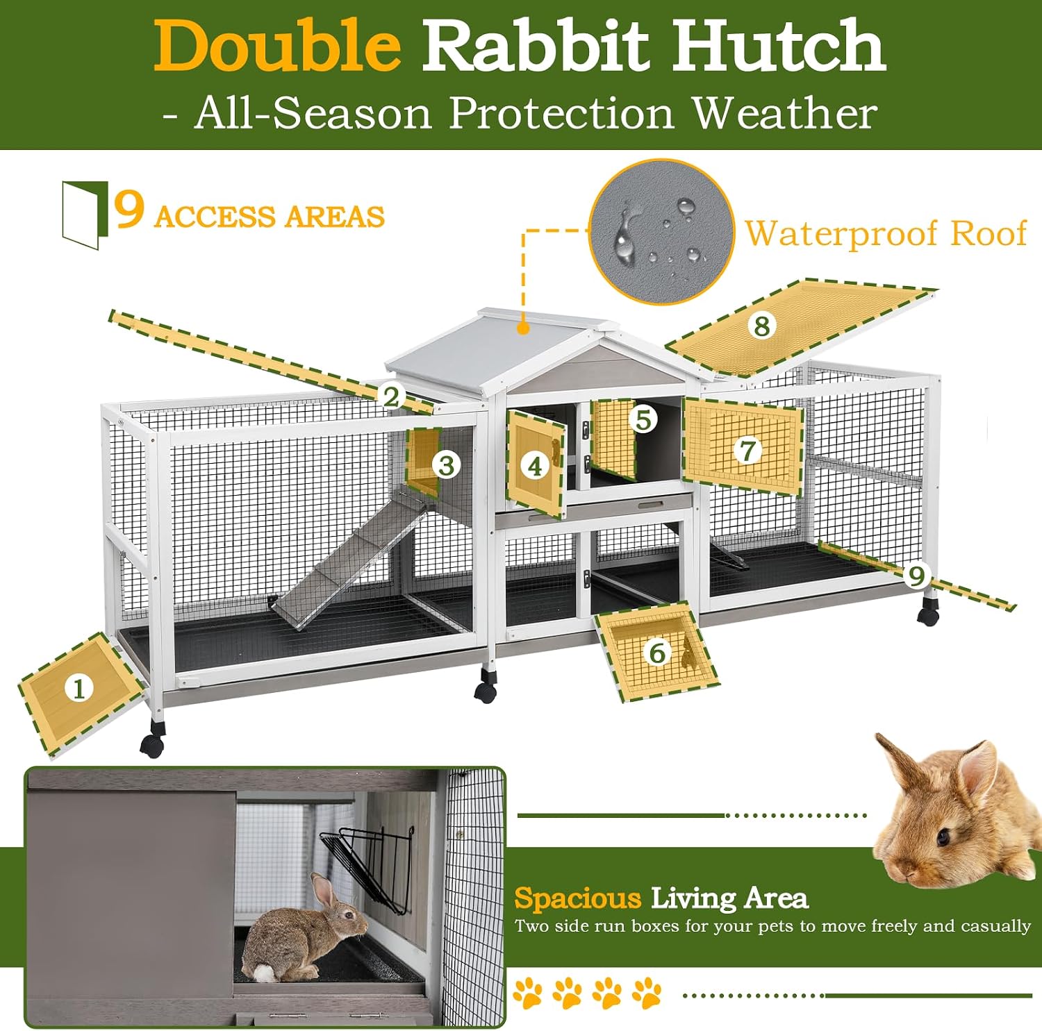 PetsCosset Double Rabbit Hutch Outdoor Indoor Large Bunny Cage with Dual Side Runs, 2-Story Wooden Hutch with 4 Leak Proof Trays, 8 Wheels, Waterproof Roof, Ramp, for Small to Medium Animals - Image 5