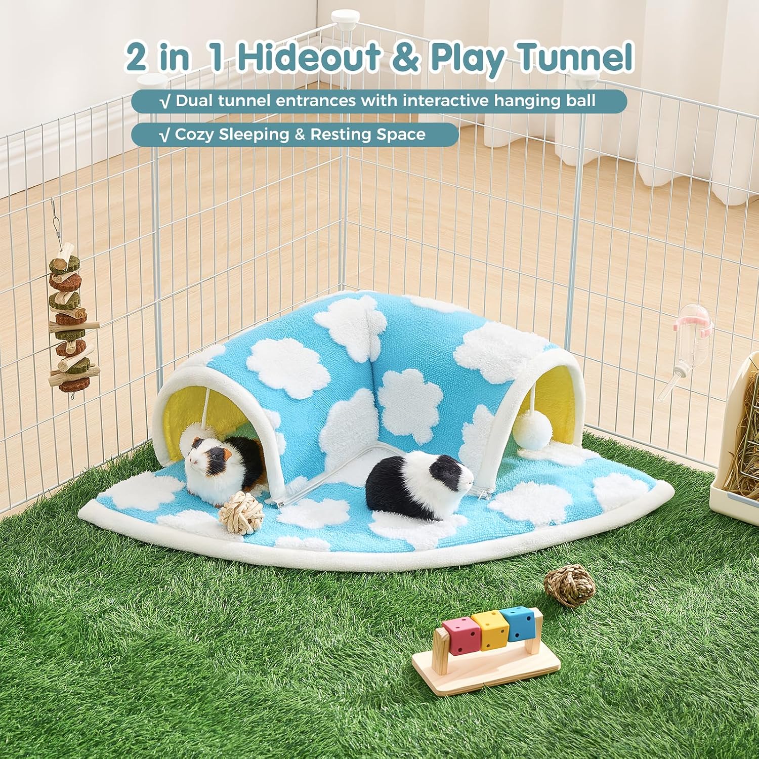 Avont Guinea Pig Tunnel Bed, Washable Hideout for Small Pets | Soft Plush Fleece, for Guinea Pigs, Hamsters, Chinchillas, Dwarf Rabbits & Others, Available in Cloud/Star Pattern - Image 2