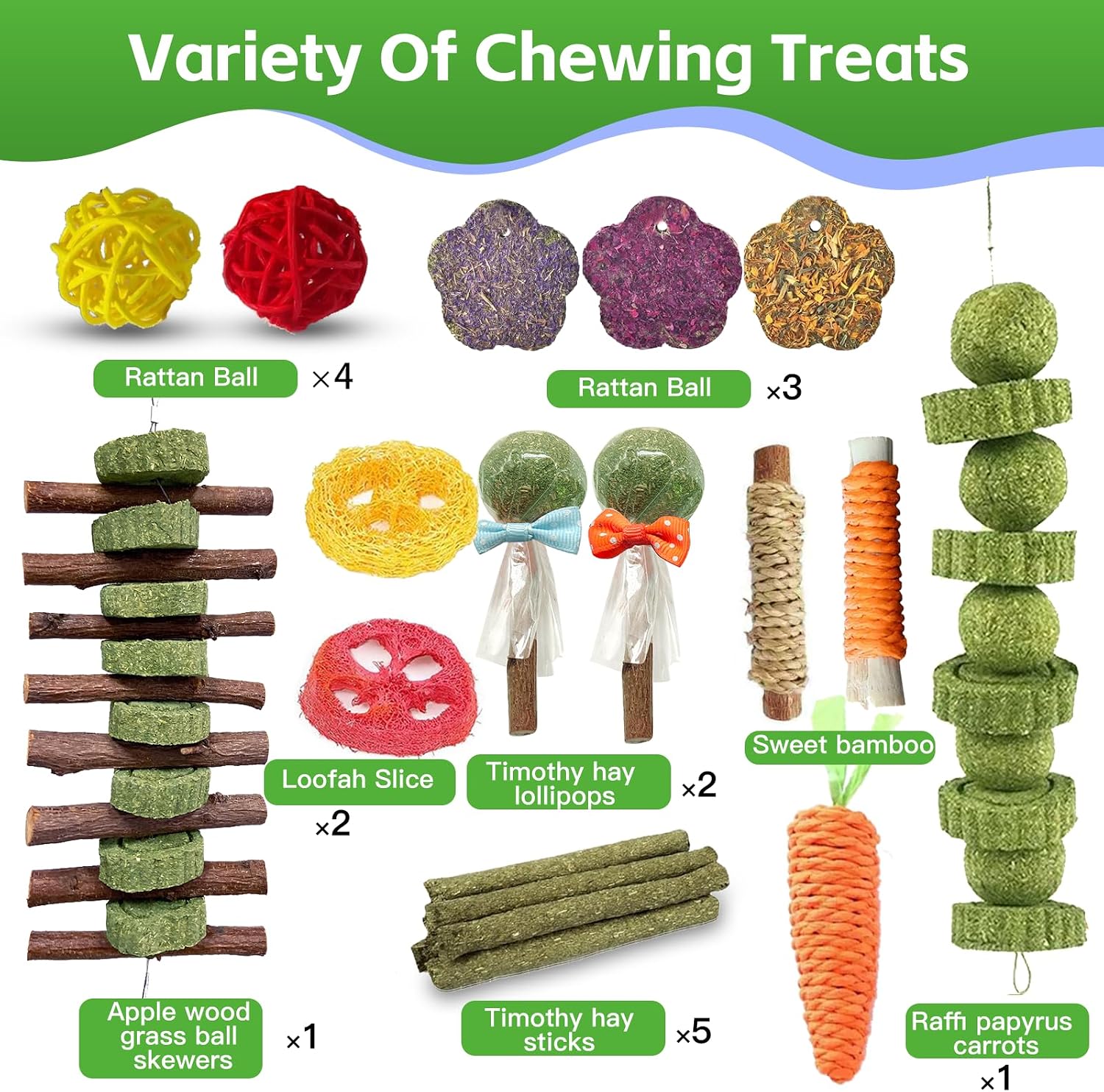 WDEFUN 21PCS Rabbit Chew Toys for Teeth Grinding, Natural Timothy Hay Cakes Treats for Bunny, Organic Apple Wood Sticks Toy Set for Guinea Pigs, Hamsters, Chinchillas,Dental Health & Boredom Relief - Image 2