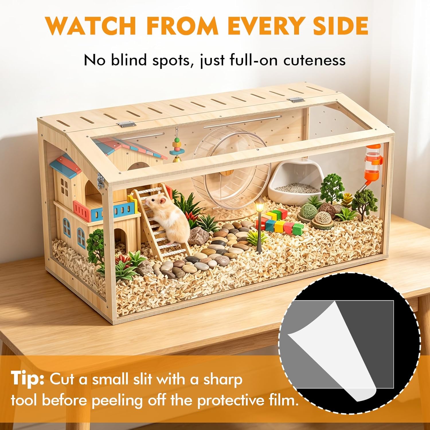 XiaZ Large Hamster Cage,40Inch Hamster Cage with Panoramic View and Ventilated Top, Spacious Acrylic Glass Habitat for Syrian Dwarf Hamsters and Degus, Natural Wood Frame Enclosure - Image 2