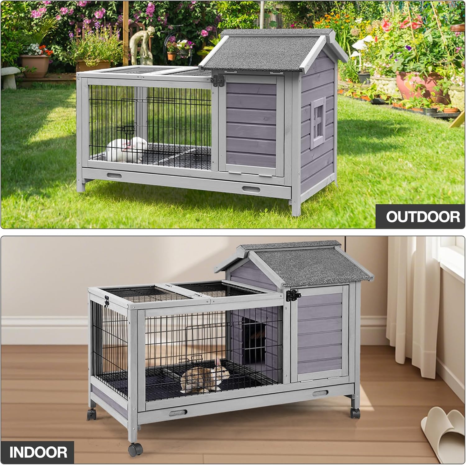 Wooden Rabbit Hutch Indoor and Outdoor, Rabbit Cage with Removable Wire Netting and Leak Proof Tray, Mobile Bunny Cage with Wheels (Grey) - Image 4