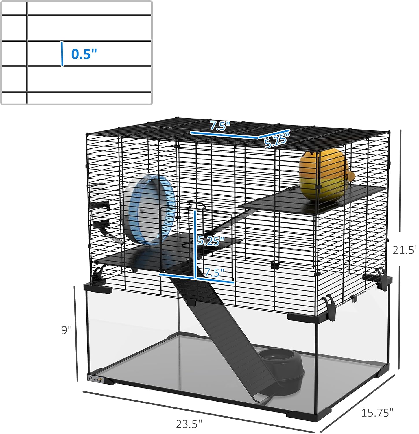 PawHut Large Hamster Cage with Deep Tempered Glass Bottom, 3 Tiers Hamster Tank with Running Wheel, Hut, Water Bottle, Dish, Rat Cage for Syrian, Dwarf, Gerbils, Mouse, 23.5" x 16" x 22.5", Black - Image 7