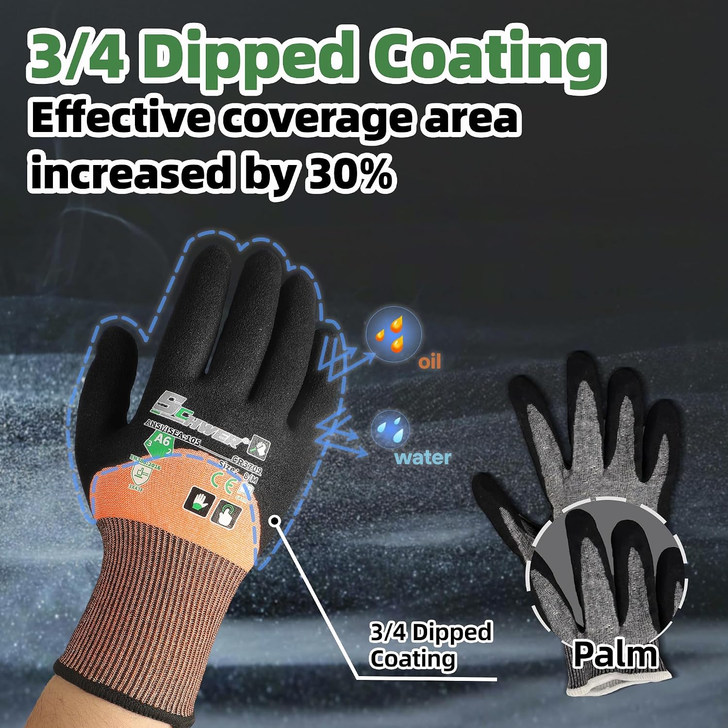 Schwer ANSI A6 Cut Resistant Gloves, CR3709 Cut Proof Work Gloves, Touch-screen Cutting Gloves, 3/4 Dipped Coating for Woodworking, Glass Metal Cutting, Construction, Fishing, L,1 pair - Image 3