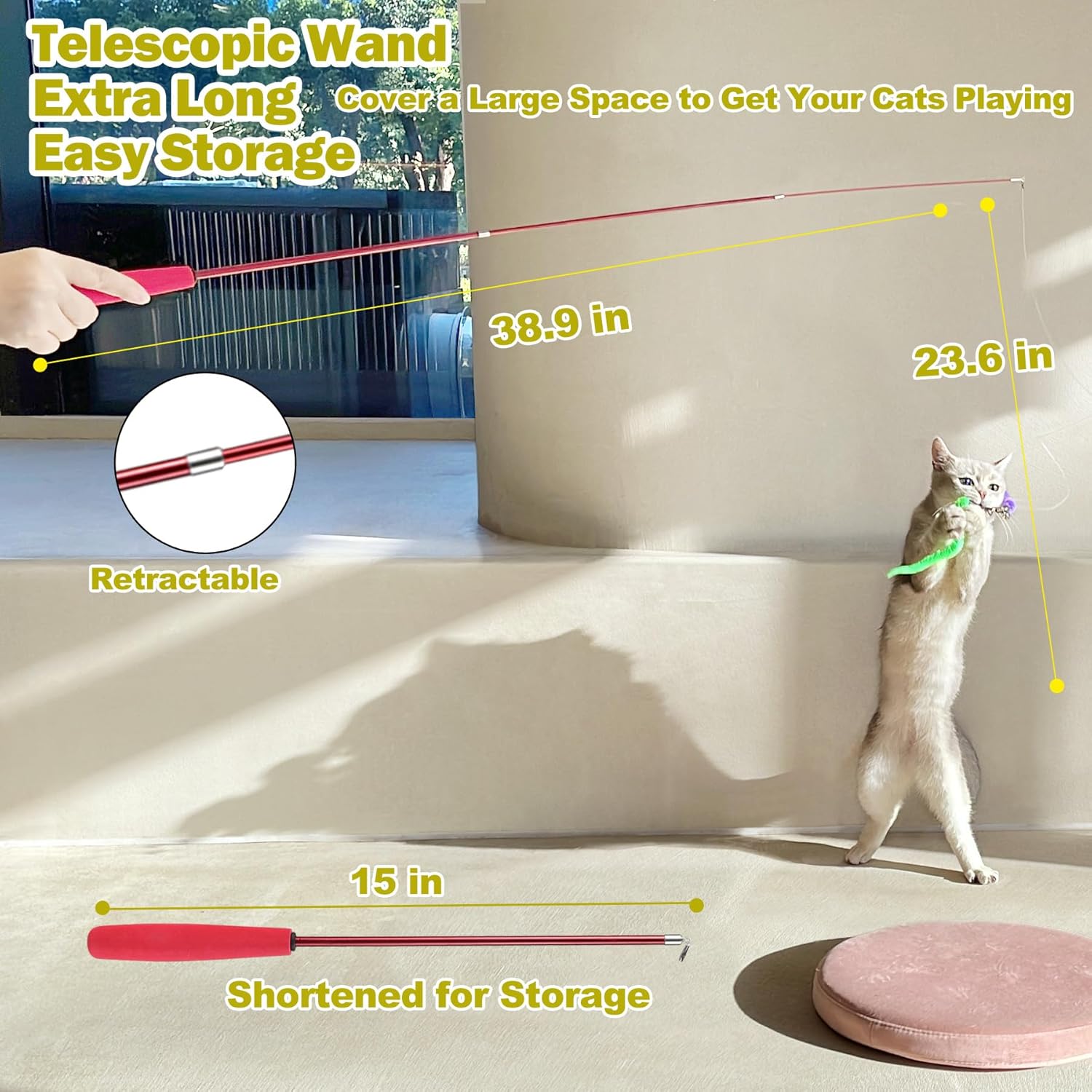 MeoHui Cat Toys for Indoor Cats, Interactive Cat Toy 2PCS Retractable Wand Toy and 9PCS Cat Feather Toys Refills, Funny Kitten Toys Cat Fishing Pole Toy for Bored Indoor Cats Chase and Exercise - Image 3