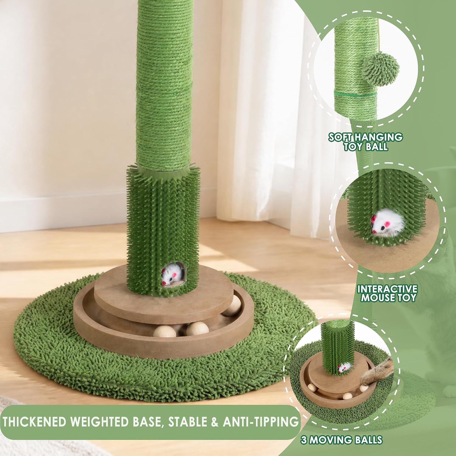 41.5" Cactus Cat Scratching Post, Heavy Duty Sisal Scratcher with Interactive Ball & Grooming Brush, Stable Anti-Tip Cat Tree for Indoor Cats & Large Cats - Image 3