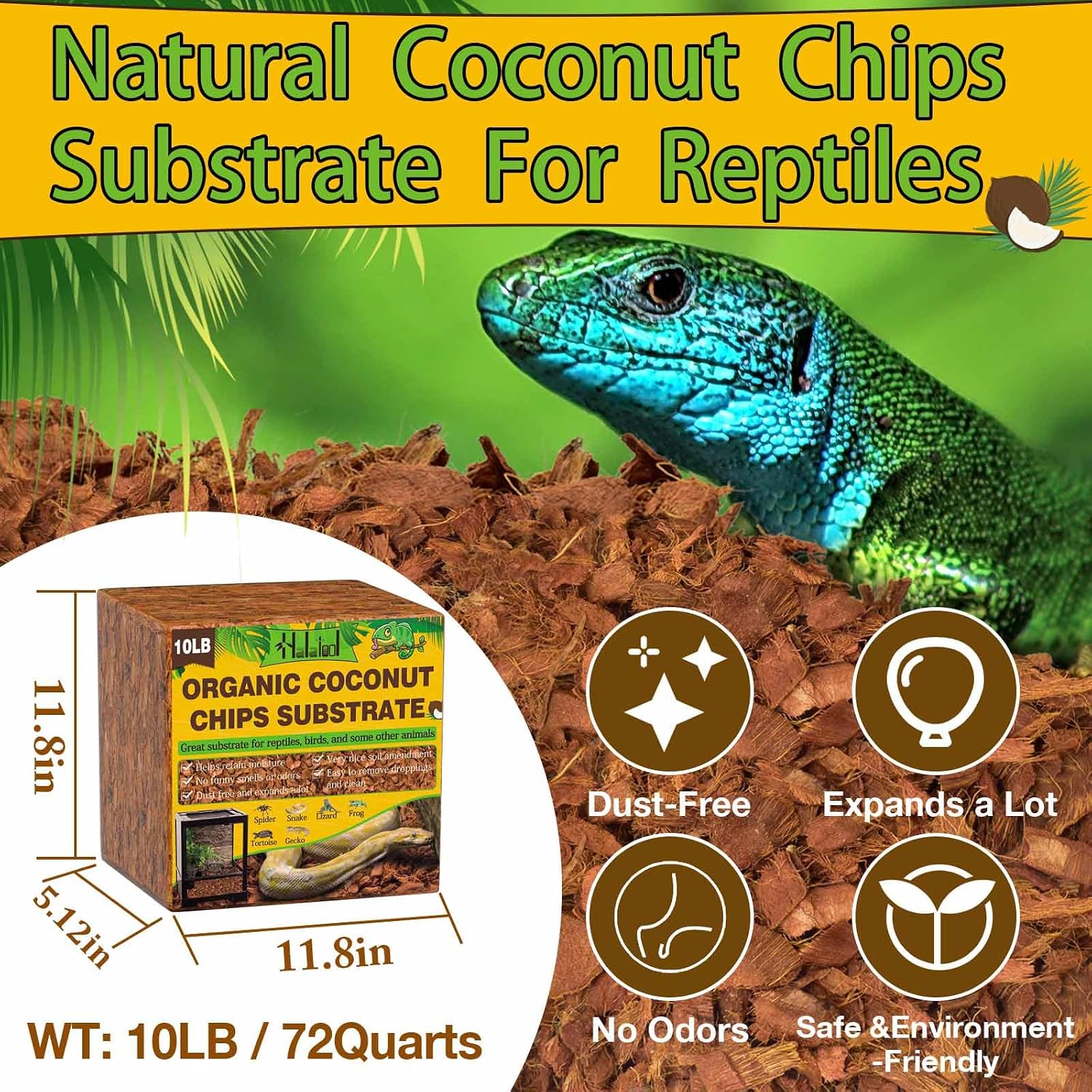 Halatool Organic 10LB Coconut Husk for Reptiles | Expands to 72 Quarts, Natural Coconut Bedding for Snakes, Tortoises, Ball Pythons, Geckos, Lizards - Image 2