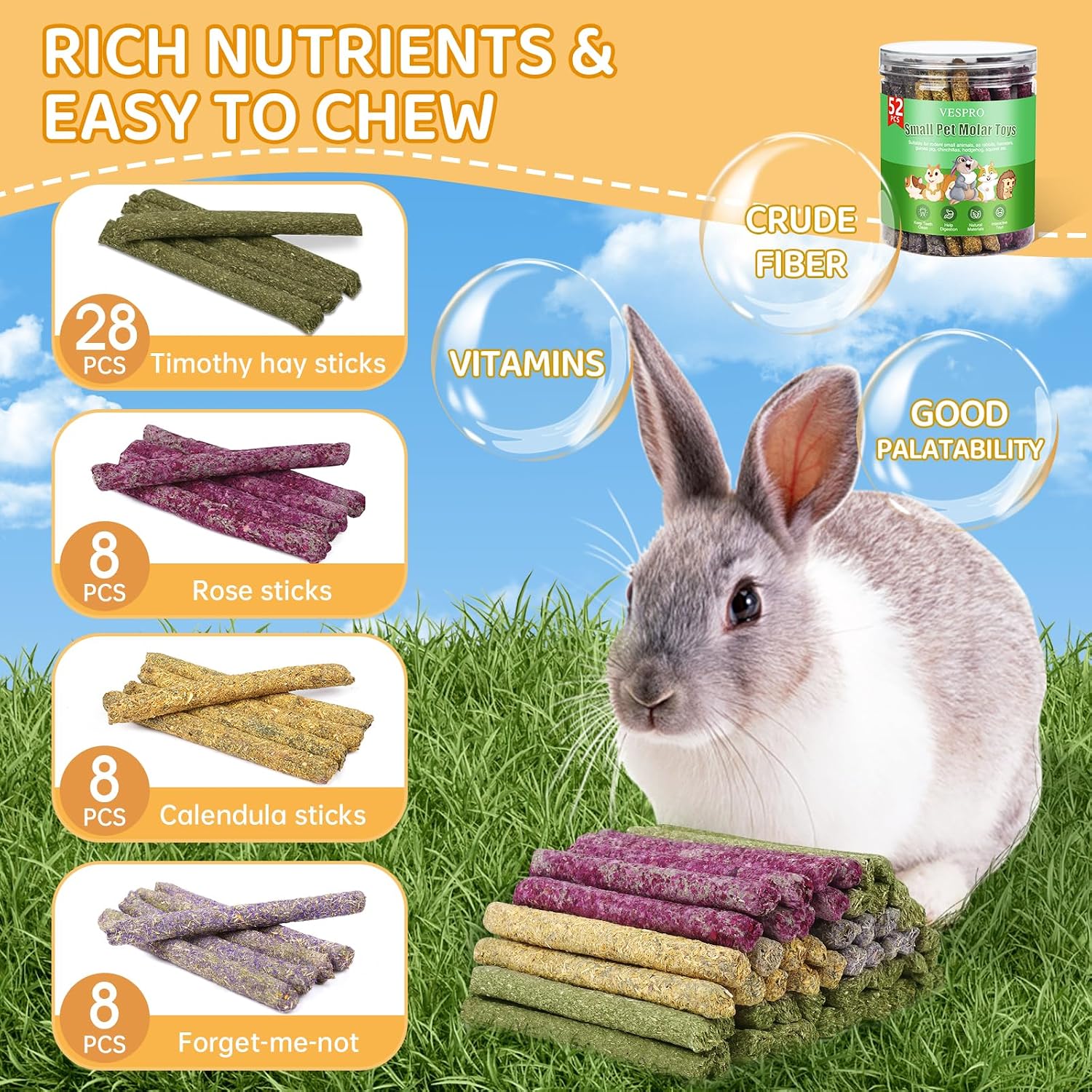 52Pcs Rabbit Chew Sticks, Guinea Pig Toys, Natural Timothy Grass Molar Teeth Stick, Mixing Flowers, Roses, Calendula and Forget Me Not, Small Animals Treats - Image 2