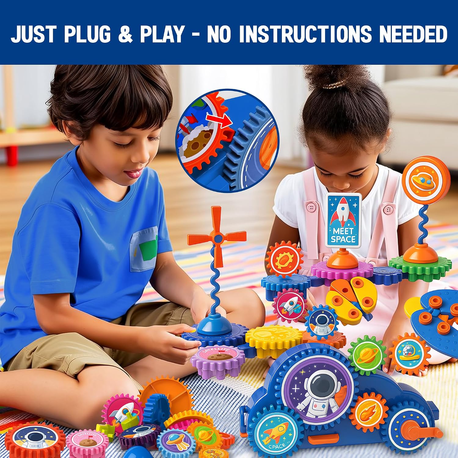 Motorized Spinning Gear Building Toys for Kids, Space Rocket STEM Construction Set, Educational Interlocking Building Blocks Puzzle | Gear Toys for Toddlers Ages 3-8 | Interlocking Building Blocks, Gear Construction Play, Fine Motor Skills, Educational Puzzle Toy for Kids Ages 3-8 - Image 2
