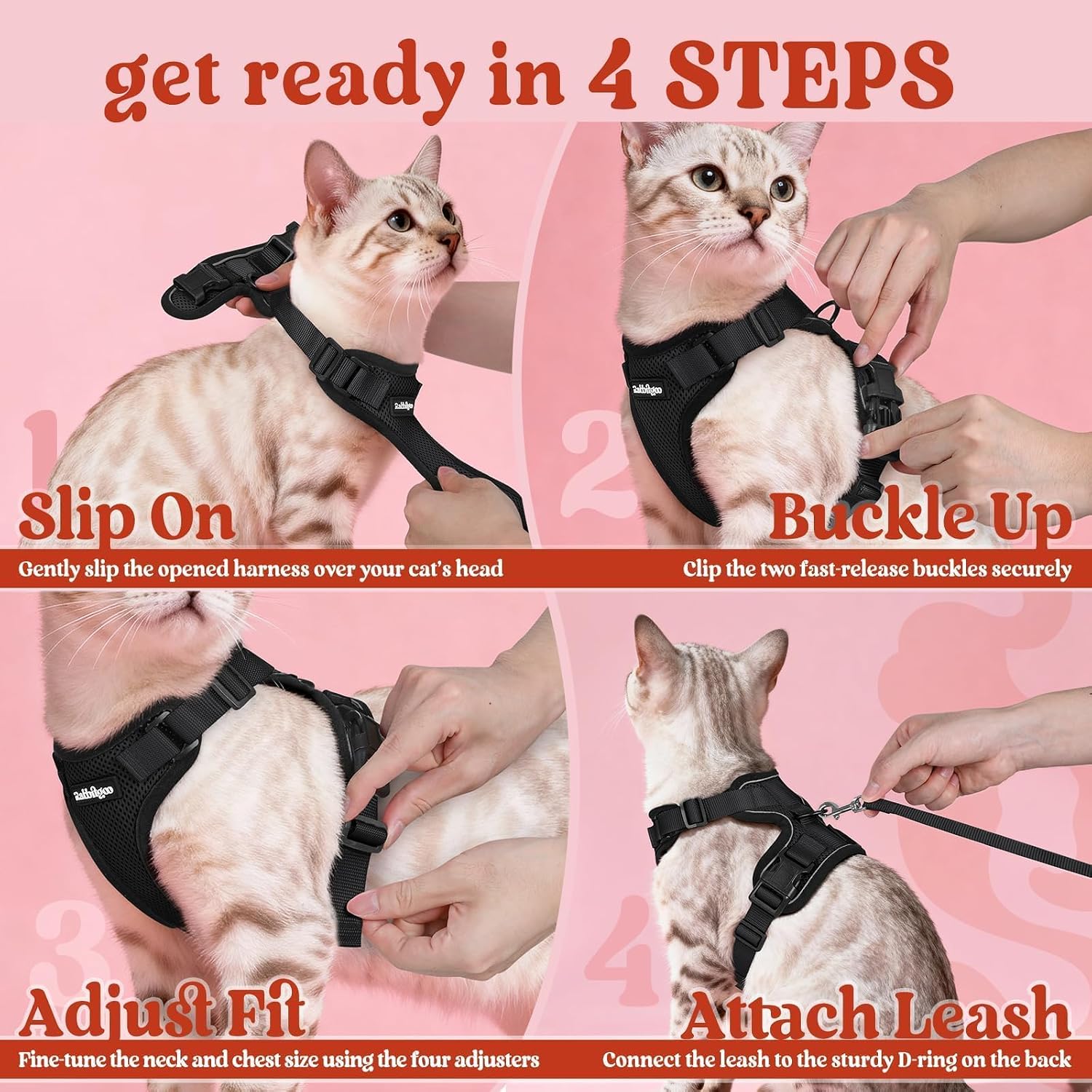 rabbitgoo Cat Harness and Leash Set, Escape Proof Vest, Black | Soft Breathable Mesh, Easy Adjustable Fit, Snap Buckles, Sturdy Clip, Reflective Strips, for Small & Average Cats Walks, Xs - Image 8