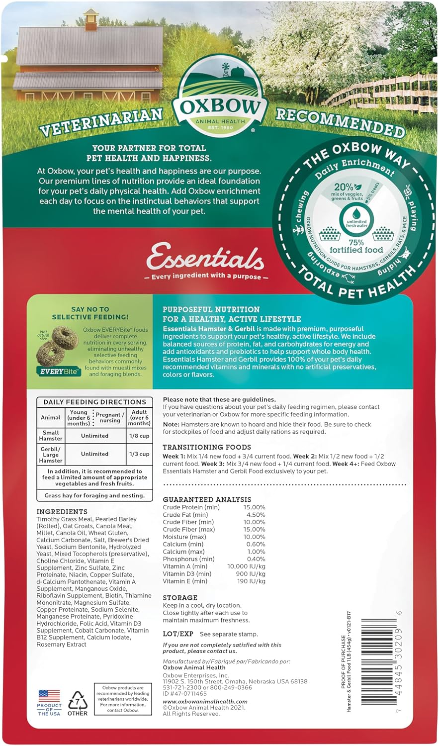 Oxbow Essentials Hamster Food and Gerbil Food, Vitamin & Mineral Rich Daily Diet for Hamsters & Gerbils, Veterinarian Formulated, Small Animal Pet Products, Made in USA, 1 lb Bag - Image 2