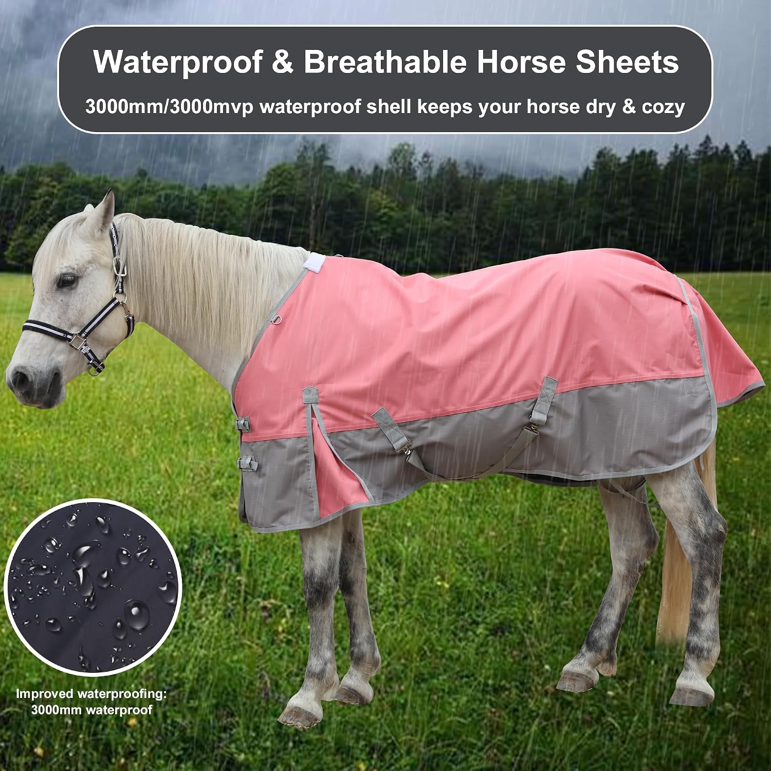 1200D Ripstop Waterproof Breathable Horse Blanket (0g No Fill), Lightweight Turnout Rain Sheet, Keeps Dry in Mud & Wet Weather Pinkgrey 78" - Image 4