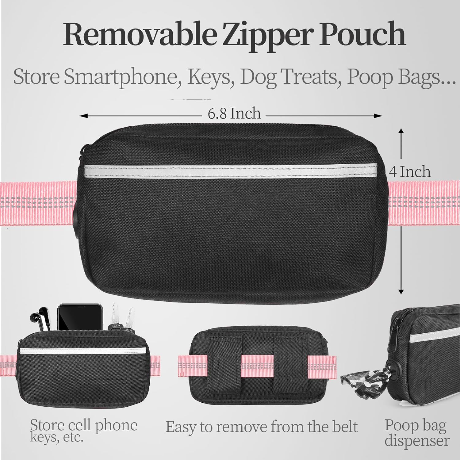 iYoShop Hands Free Dog Leash with Zipper Pouch, Dual Padded Handles and Durable Bungee for Walking, Jogging and Running Your Dog (Large, 25-120 lbs, Baby Pink) - Image 2