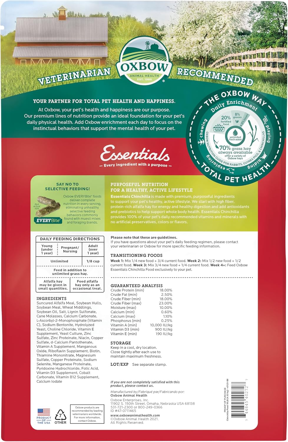 Oxbow Essentials Chinchilla Food, Made with Oxbow Alfalfa, Vitamin & Mineral Rich Food for Chinchillas, Small Animal Pet Pellets, Made in USA, High Fiber, 10 lb Bag - Image 2