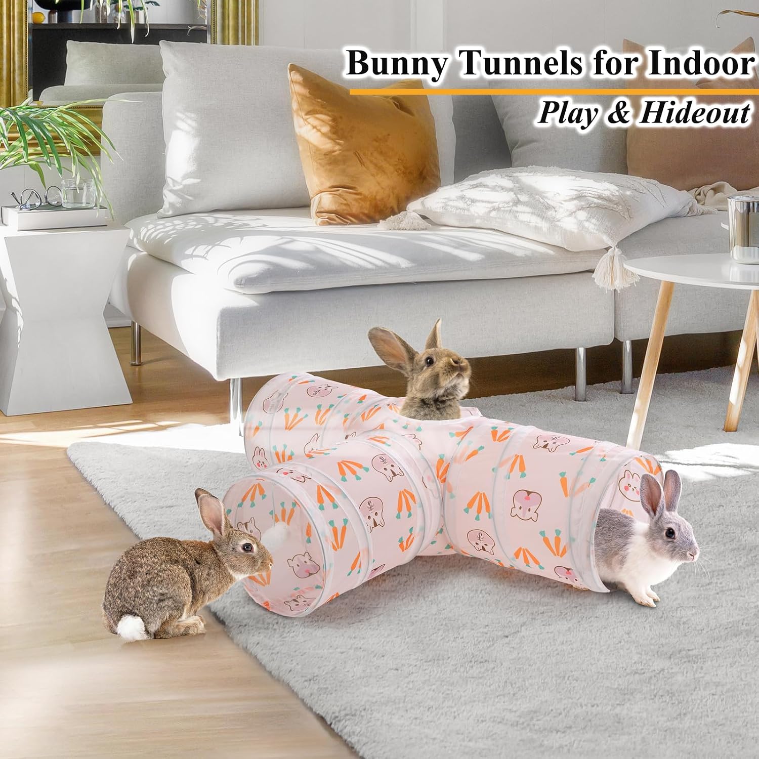 HERCOCCI Rabbit Toys, Bunny Tunnels & Tubes, Collapsible 3 Way Rabbit Hideout Tunnel with Chew Toys for Bunny Guinea Pig Ferret Kitten - Image 2