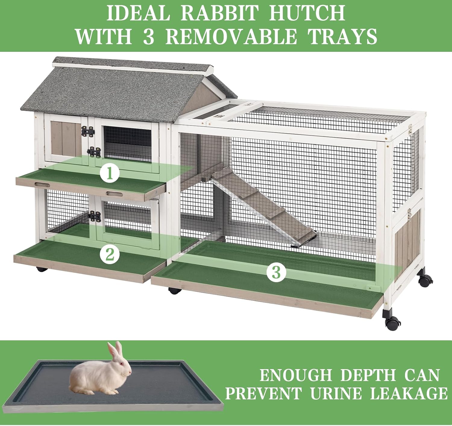 2-Story Rabbit Hutch Indoor & Outdoor, Large Bunny Hutch with 3 Pull-Out Trays, 6 Lockable Wheels, Wooden Rabbit Cage with Asphalt Roof & 6 Accesses for 2-4 Rabbits, Backyard, Home, Patio - Image 6
