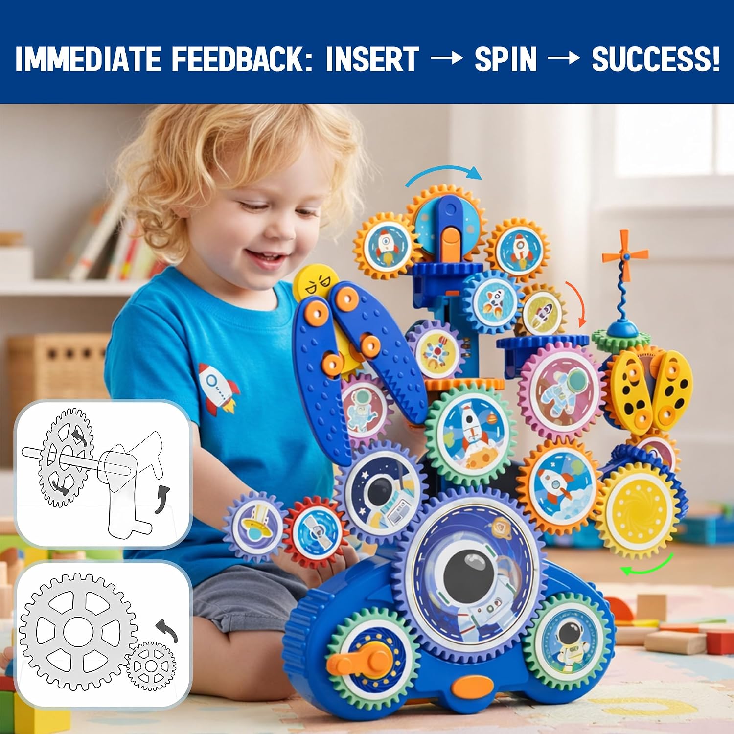 Motorized Spinning Gear Building Toys for Kids, Space Rocket STEM Construction Set, Educational Interlocking Building Blocks Puzzle | Gear Toys for Toddlers Ages 3-8 | Interlocking Building Blocks, Gear Construction Play, Fine Motor Skills, Educational Puzzle Toy for Kids Ages 3-8 - Image 3