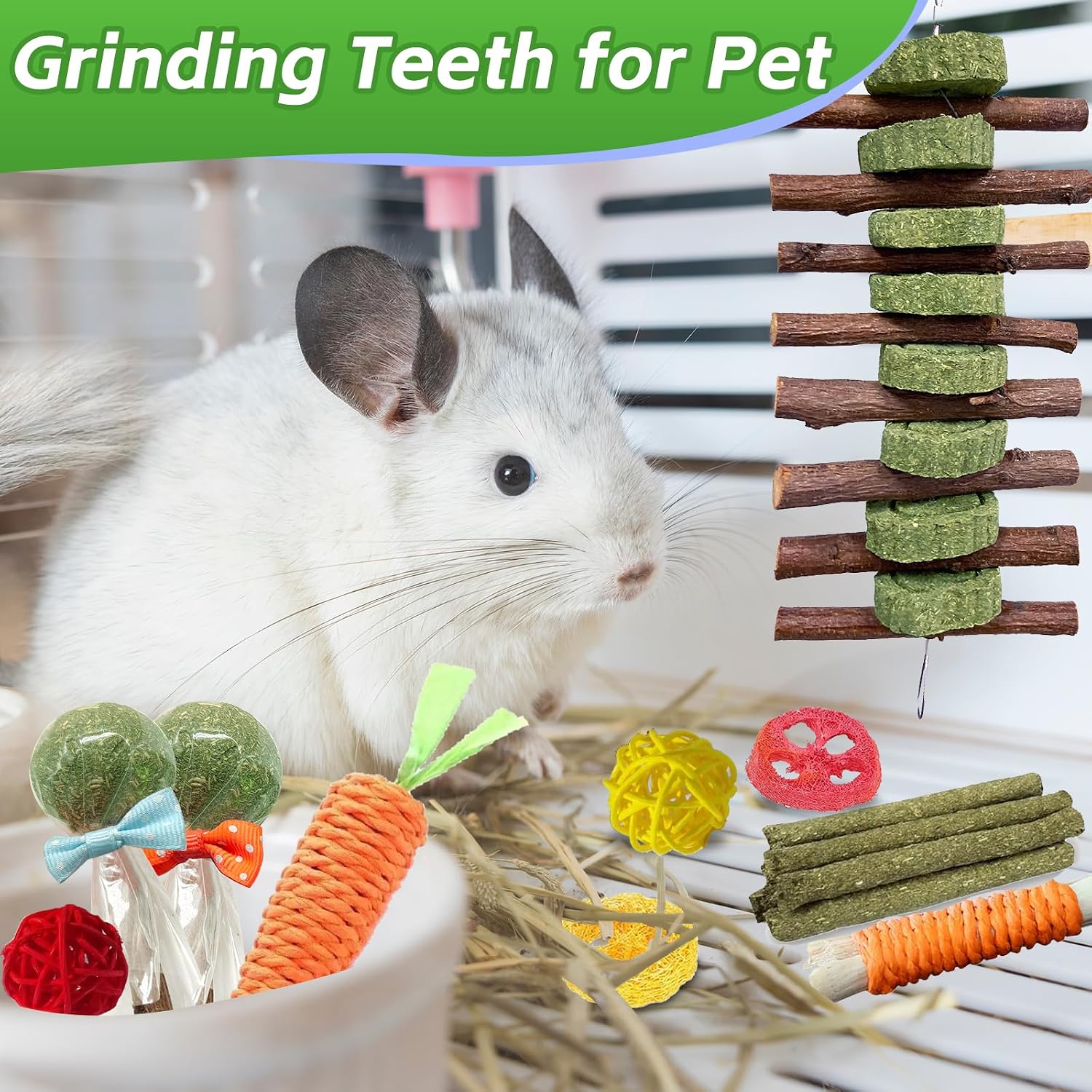 WDEFUN 21PCS Rabbit Chew Toys for Teeth Grinding, Natural Timothy Hay Cakes Treats for Bunny, Organic Apple Wood Sticks Toy Set for Guinea Pigs, Hamsters, Chinchillas,Dental Health & Boredom Relief - Image 3