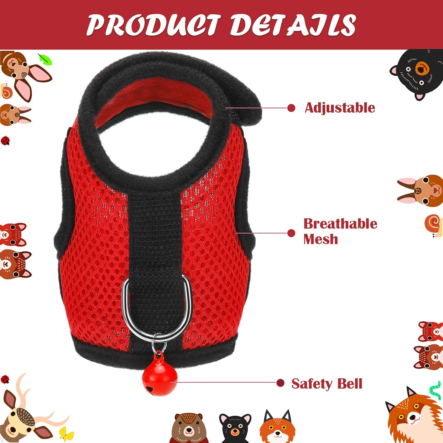 SATINIOR 2 Sets Guinea Pig Harness and Leash Adjustable Soft Mesh Harness Bell No Pulling Comfort Vest for Baby Ferret Rats Hamster Bunny Rabbit Chinchilla and Small Pet(Black, Red,S) - Image 6