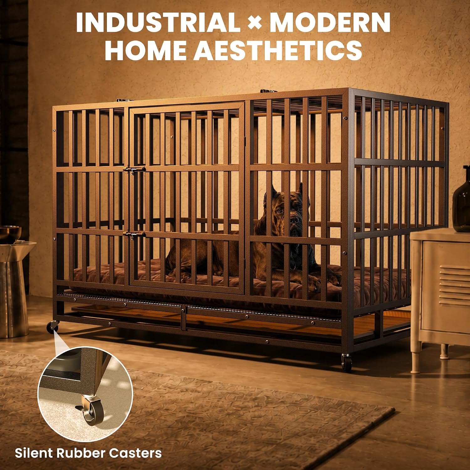 Hiwokk 48 Inch Heavy Duty Dog Crate, Indestructible Escape-Proof Dog Kennel for High Anxiety Large Dogs, Strong Metal Pet Cage with Double Doors, Lockable Wheels & Removable Tray, XL XXL XXXL - Image 5