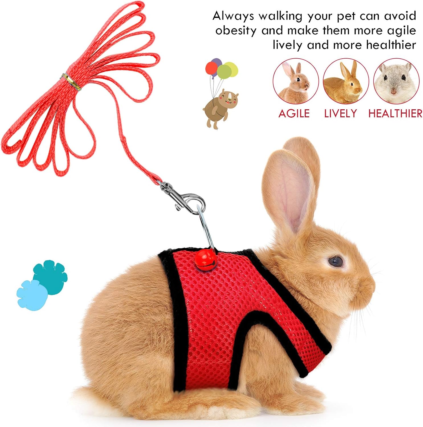 SATINIOR 2 Sets Guinea Pig Harness and Leash Adjustable Soft Mesh Harness Bell No Pulling Comfort Vest for Baby Ferret Rats Hamster Bunny Rabbit Chinchilla and Small Pet(Black, Red,S) - Image 5