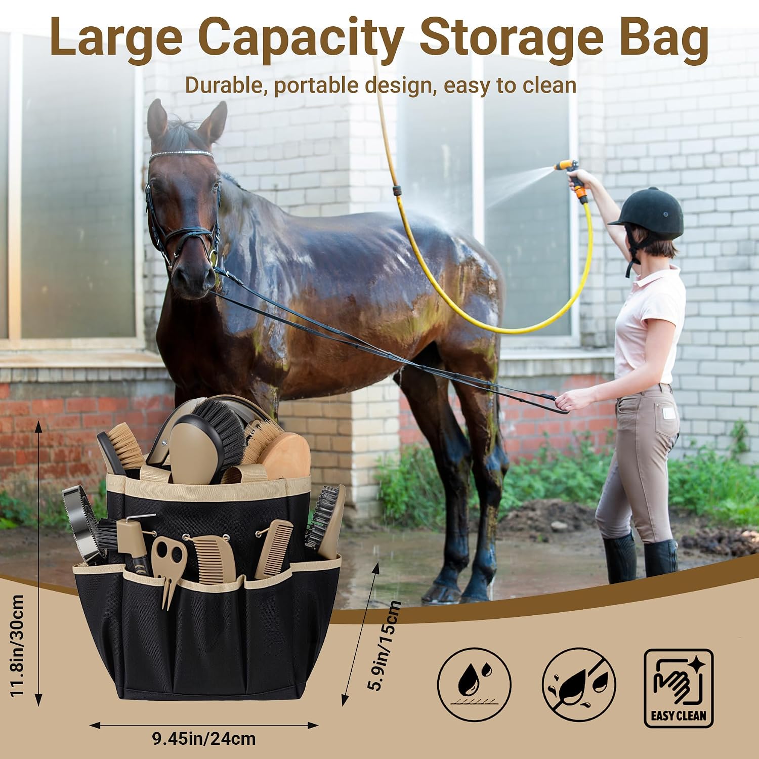 Horse Grooming Kit, 14-in-1 Professional Horse Brush Supplies Set for Grooming & Care, with Horse Brushes, Curry Comb, Hoof Pick & Waterproof Storage Tote Bag for Shining, Detangling, Massaging(Khaki) - Image 3