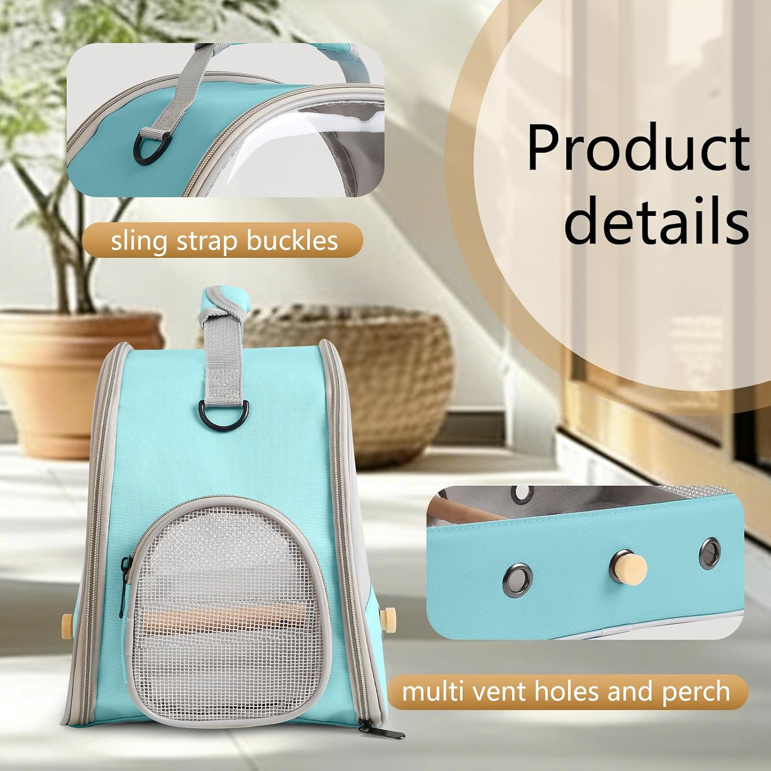 Bird Carrier, Portable Small Bird Parrot Parakeet Carrier with Standing Perch and Stainless Steel Tray, Side Access Window Collapsible (Green, Clear Windows) - Image 3
