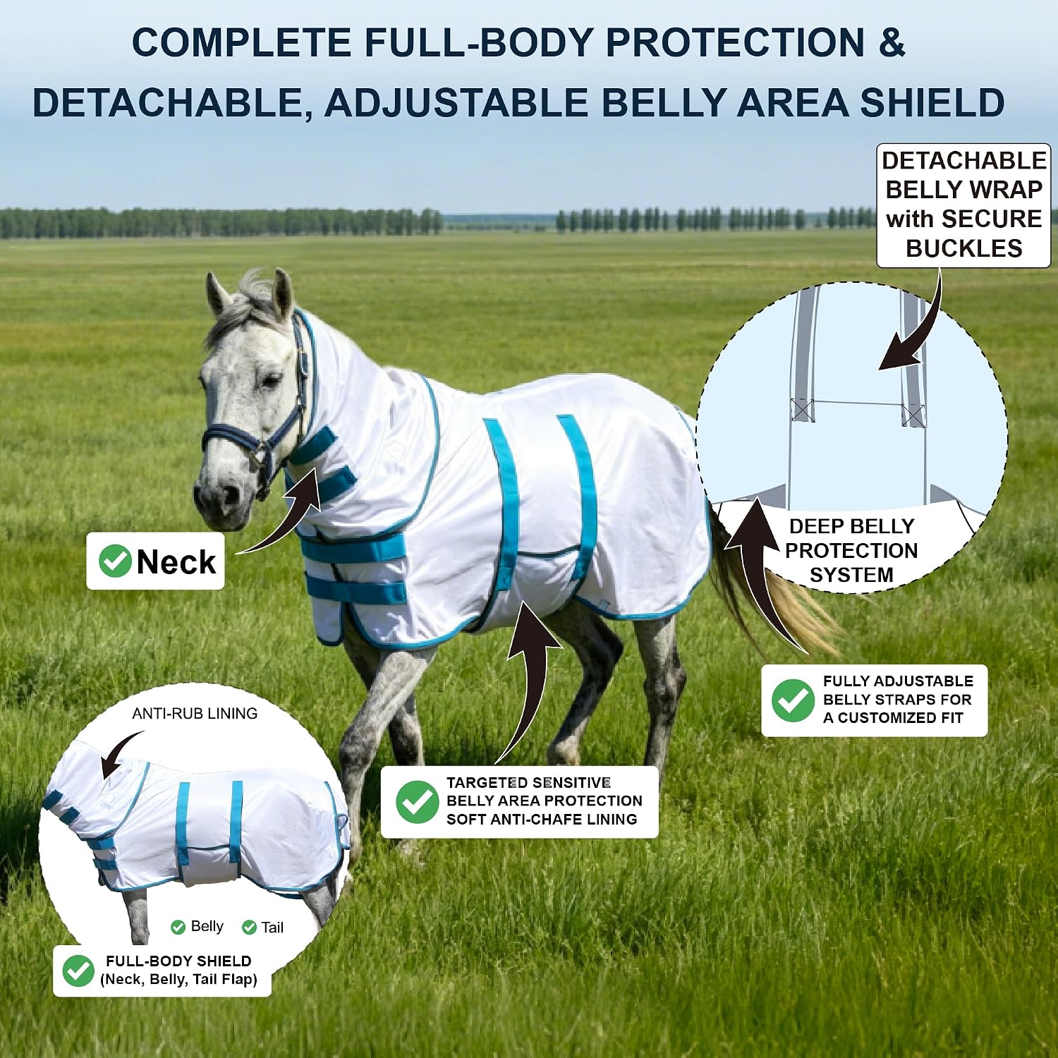 Fly Sheet for Mini Horse/Pony/Foal & Weanling/Yearling/Donkey - Detachable Neck Cover & Belly Wrap, Lightweight Airflow Mesh Summer Sheet for Pasture & Stable, UV Protection White 40" - Image 3