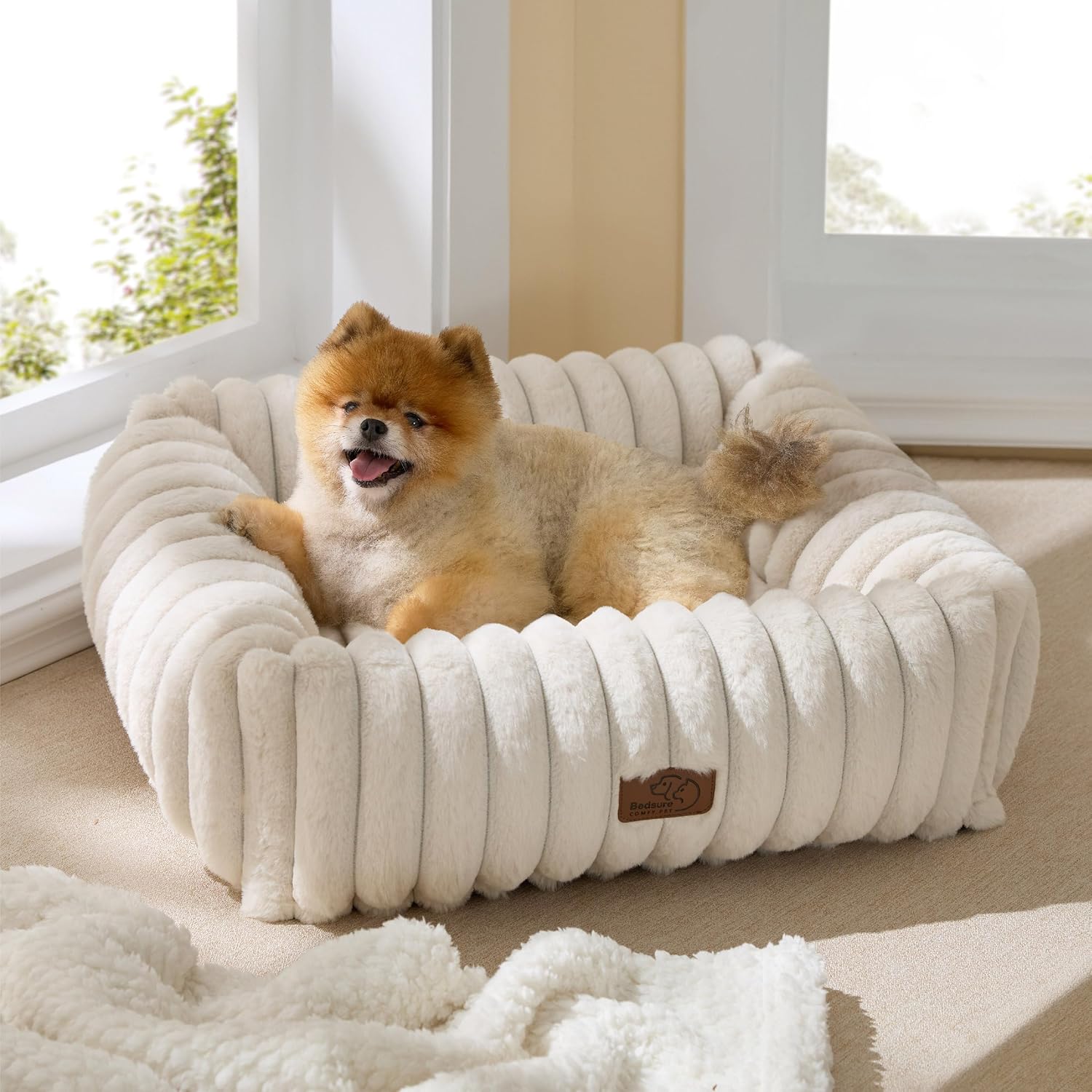 Bedsure ComfyFleece™ Cute Dog Bed for Small Medium Dogs Washable,25in Cream | Furry Puppy Beds,Square Rectangle Orthopedic Corduroy Aesthetic Pet Beds,Removable Zipper Cover,Non-Slip Bottom,Up to 15 Lbs