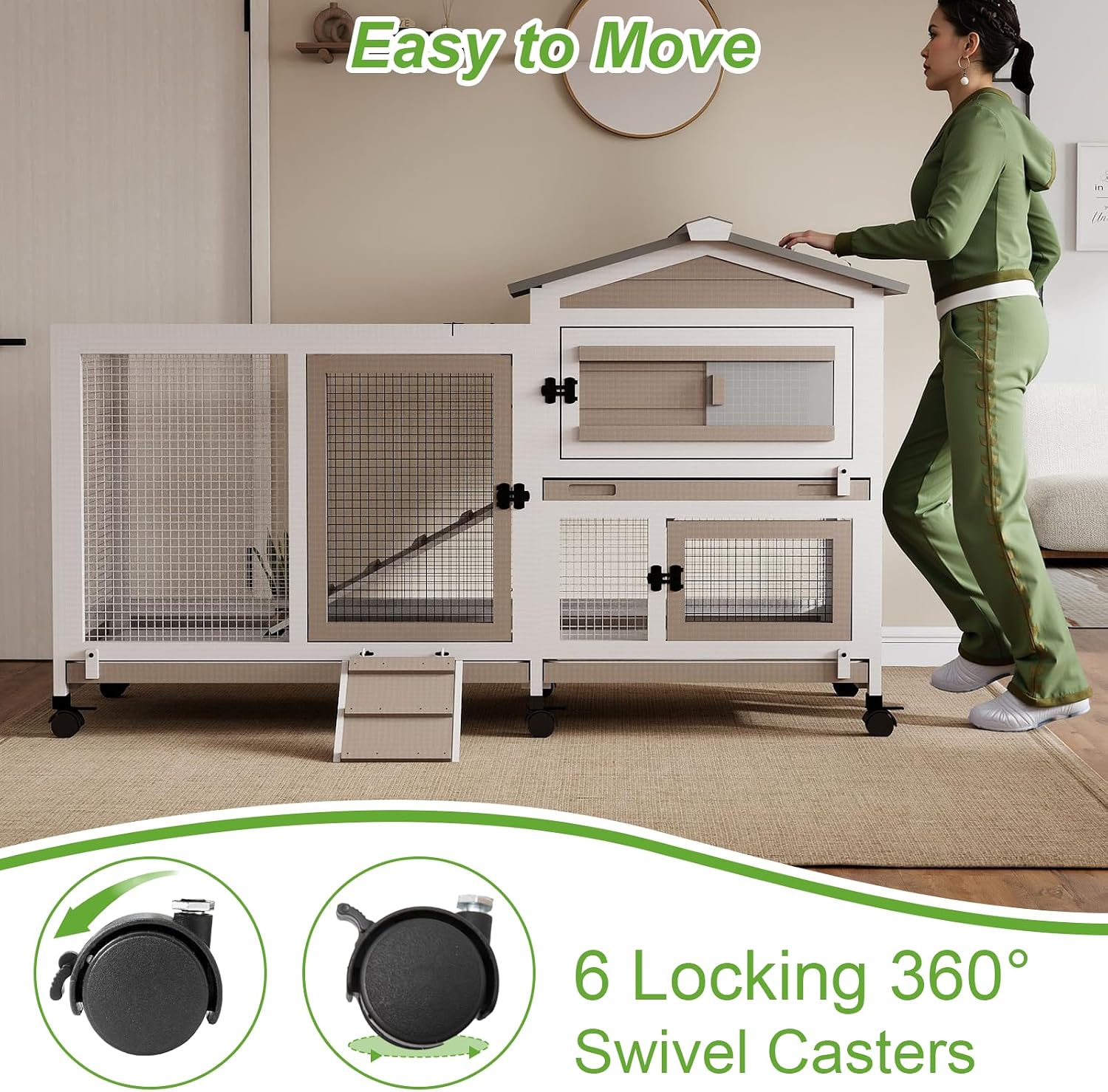 2 Story Rabbit Hutch Outdoor Indoor, Wooden Bunny Cage with 6 Lockable Wheels, 3 Removable No Leakage Pull Out Trays, Chew-Proof Ramp & Waterproof Roof, Ideal for Rabbit & Guinea Pig - Image 3