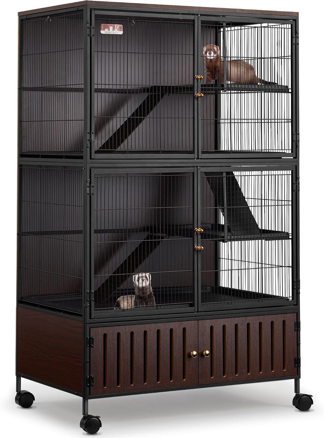 HABUTWAY 60''H Metal Large Ferret Cage, Rolling Chinchilla Cage with Removable Ramps& Double Door, with Locker, Small Animal Cage, Rat Indoor Wooden Pet Crate Furniture