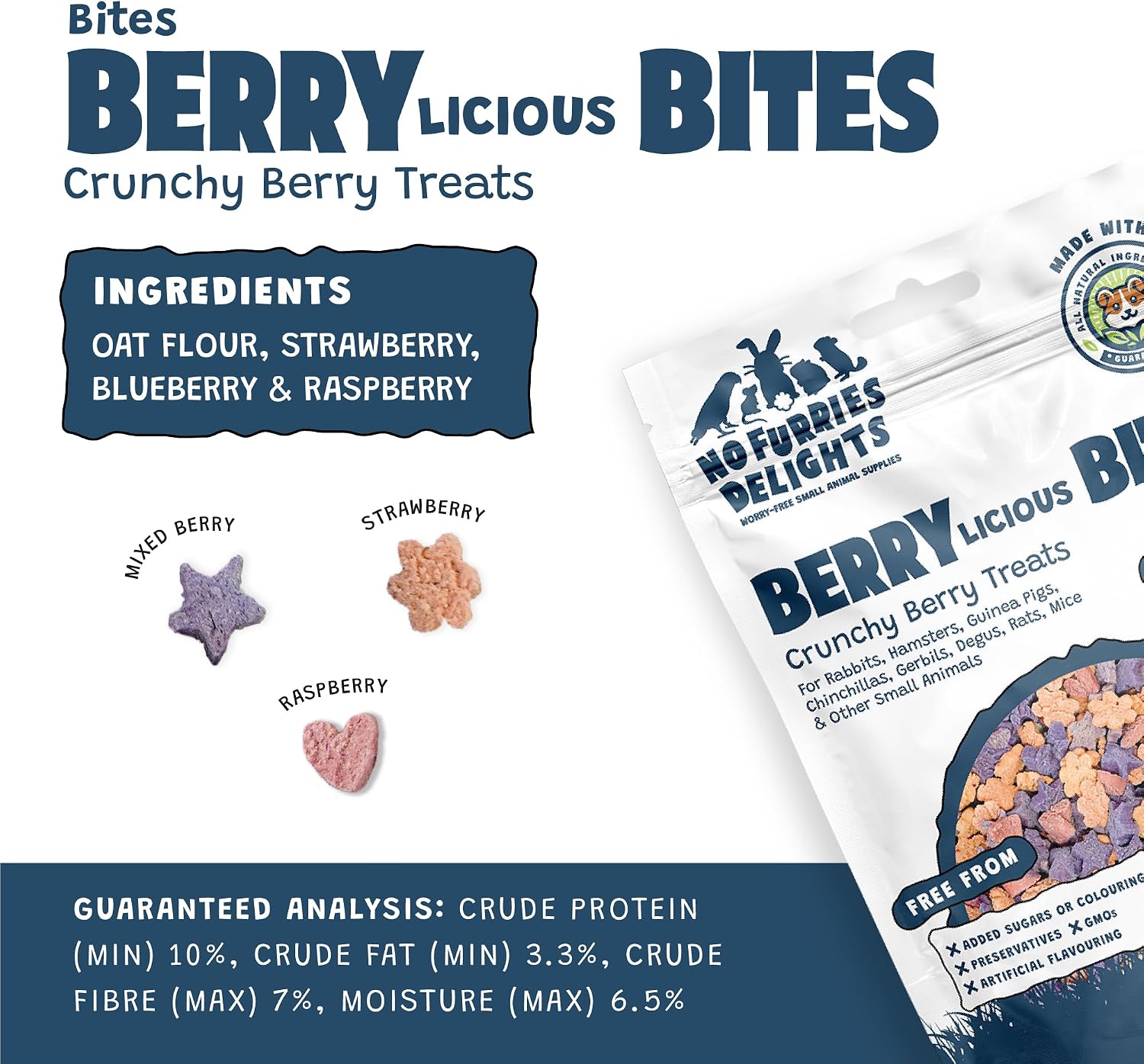 Treats, 100% All Natural Mini Bites For Rabbit Hamster Guinea Pig Chinchilla Pet Rat Mice Gerbil Bird, Healthy Enrichment Bonding Rewarding Training (Berrylicious Variety Pack 50g) - Image 3
