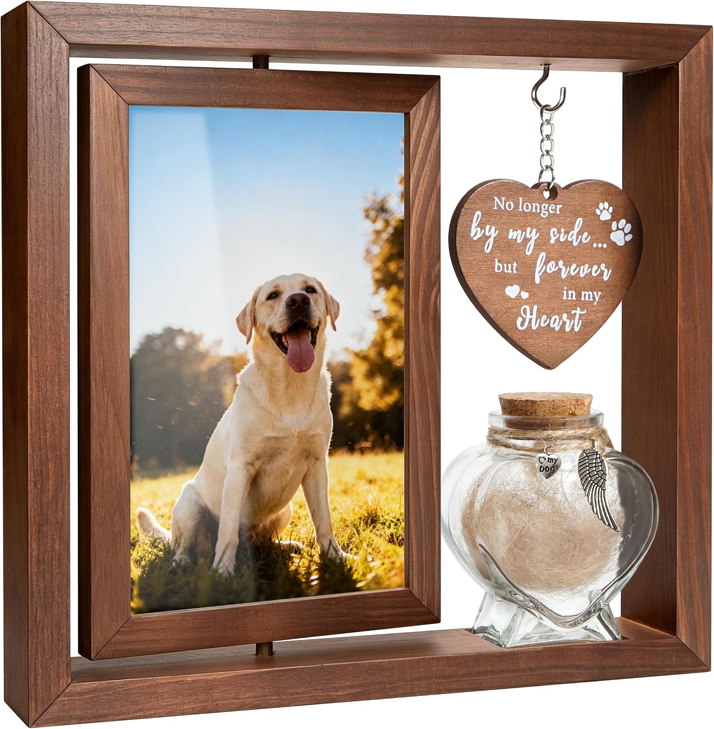 Dog Memorial Gifts for Loss of Pet - Rotating Wooden Frame for 4x6 Photo & Fur Hair Jar - Sympathy Gift for Pet Bereavement, Remembrance Keepsake - Rainbow Bridge Gift for Dog Lovers & Cat Lovers